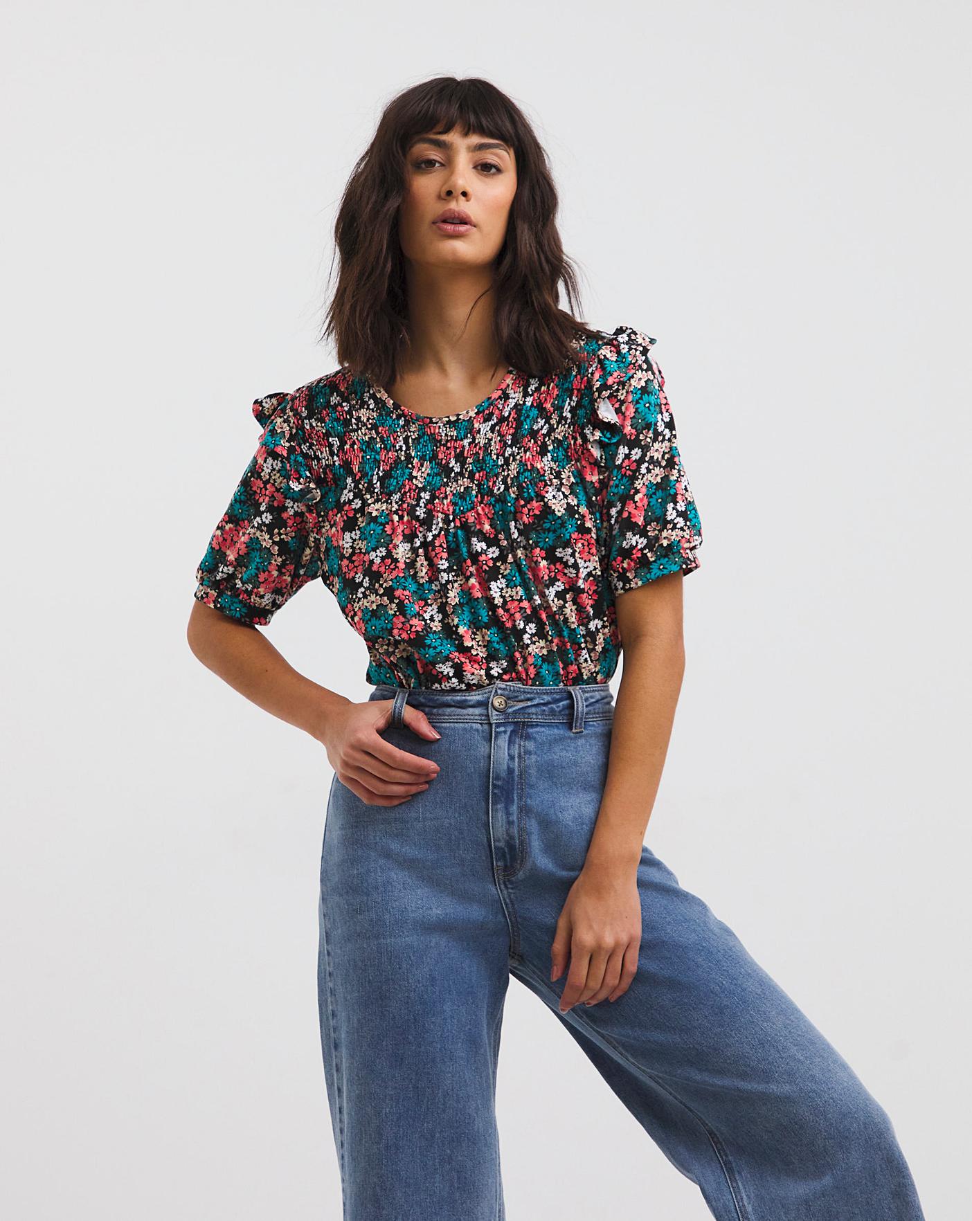 Shirred Yoke Frill Shoulder Top | J D Williams