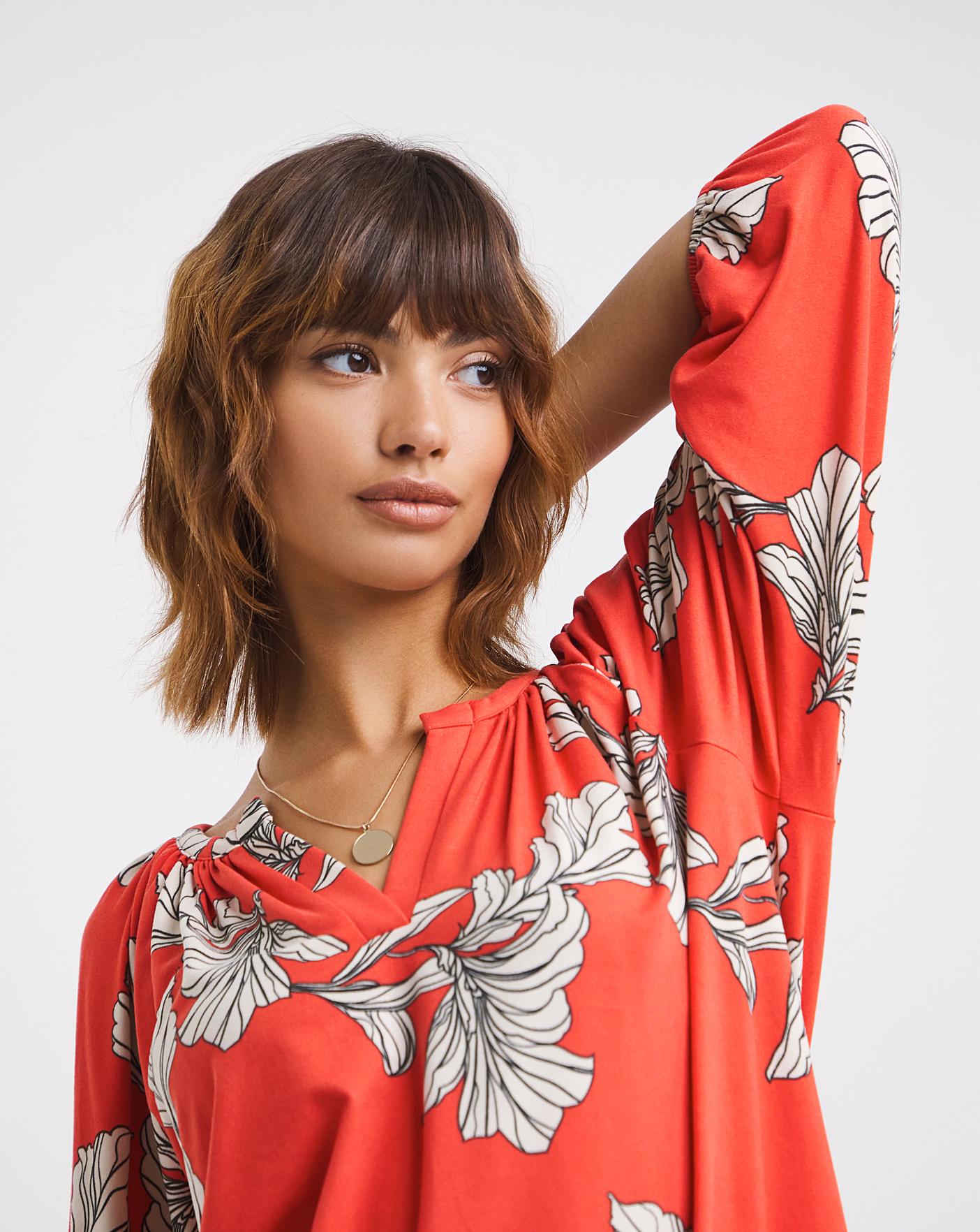 Red Floral Blousin Sleeve Jersey Top J D Williams