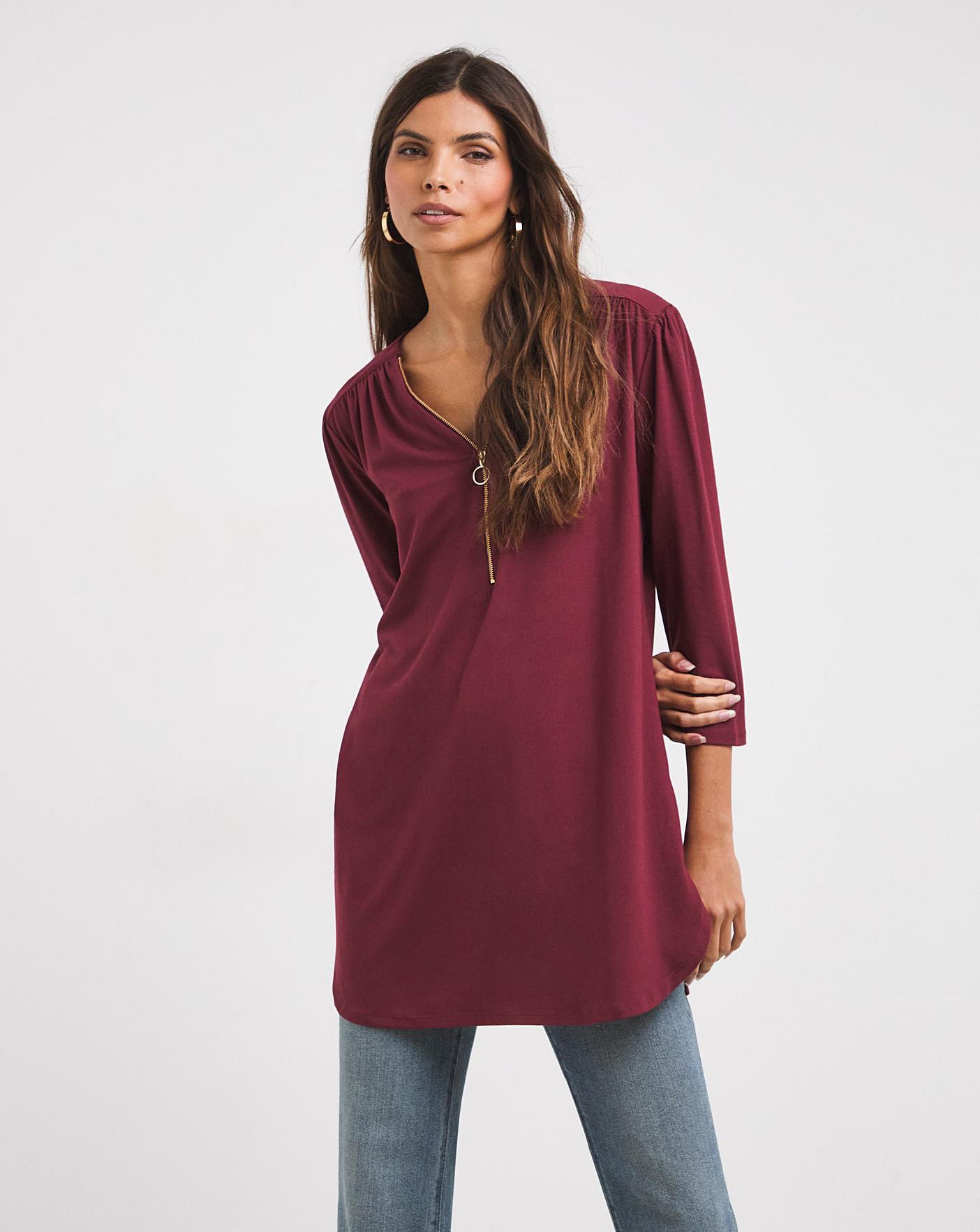 Dark Red Three Quarter Zip Front Tunic Marisota