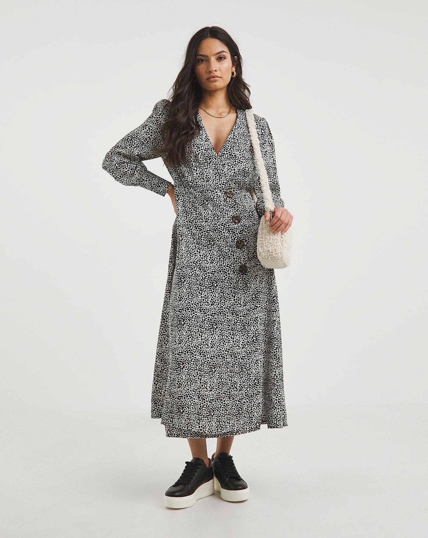 Black dalmatian print wrap long sleeve tea dress sale