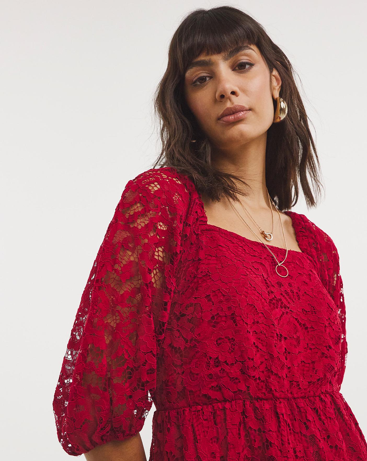 Square Neck Puff Sleeve Lace Dress | J D Williams