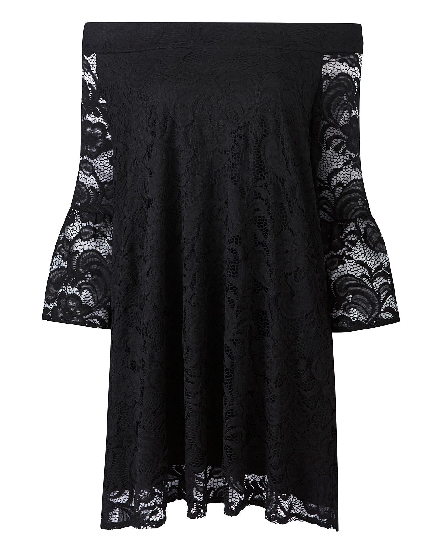 Black lace bardot dress hotsell