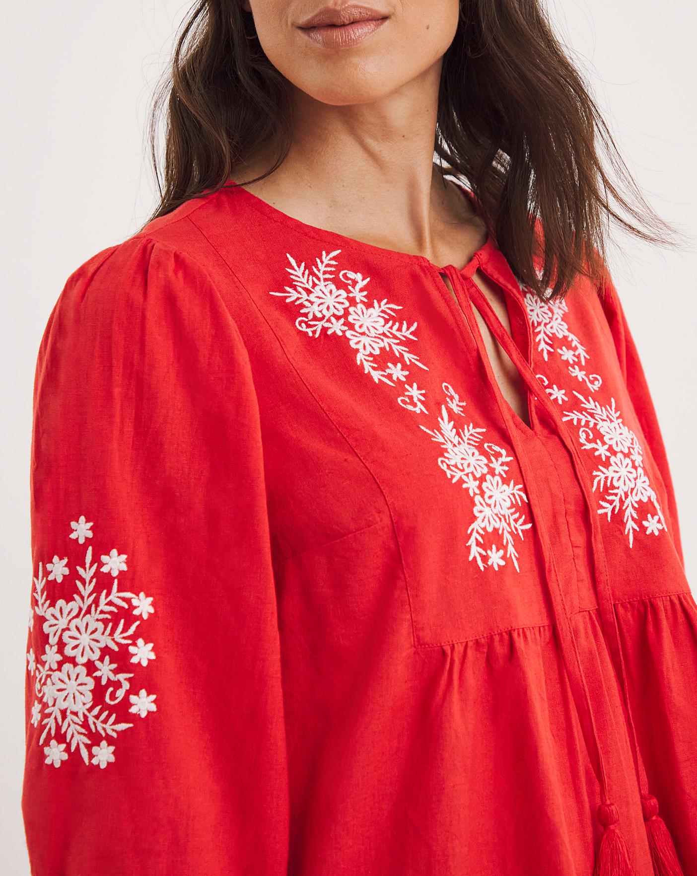 Embroidered Yoke Tie Neck Top | J D Williams
