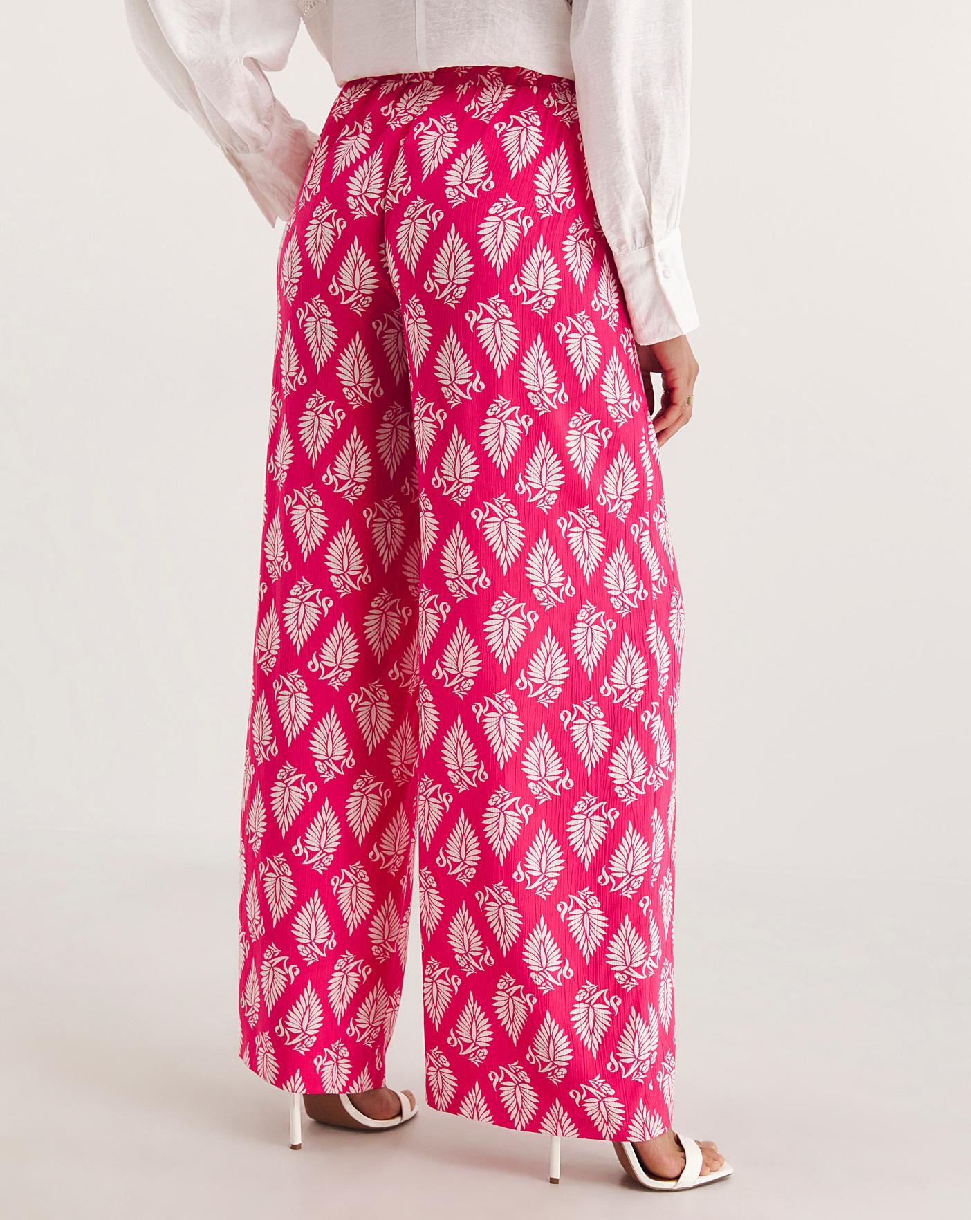 Pink Print Crinkle Wide Leg Trousers | Oxendales