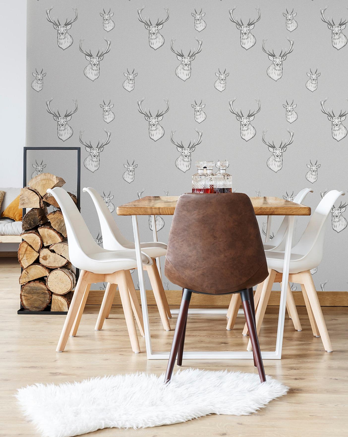 STAG WALLPAPER - FLORAL NATURE FEATURE WALL GREY | eBay