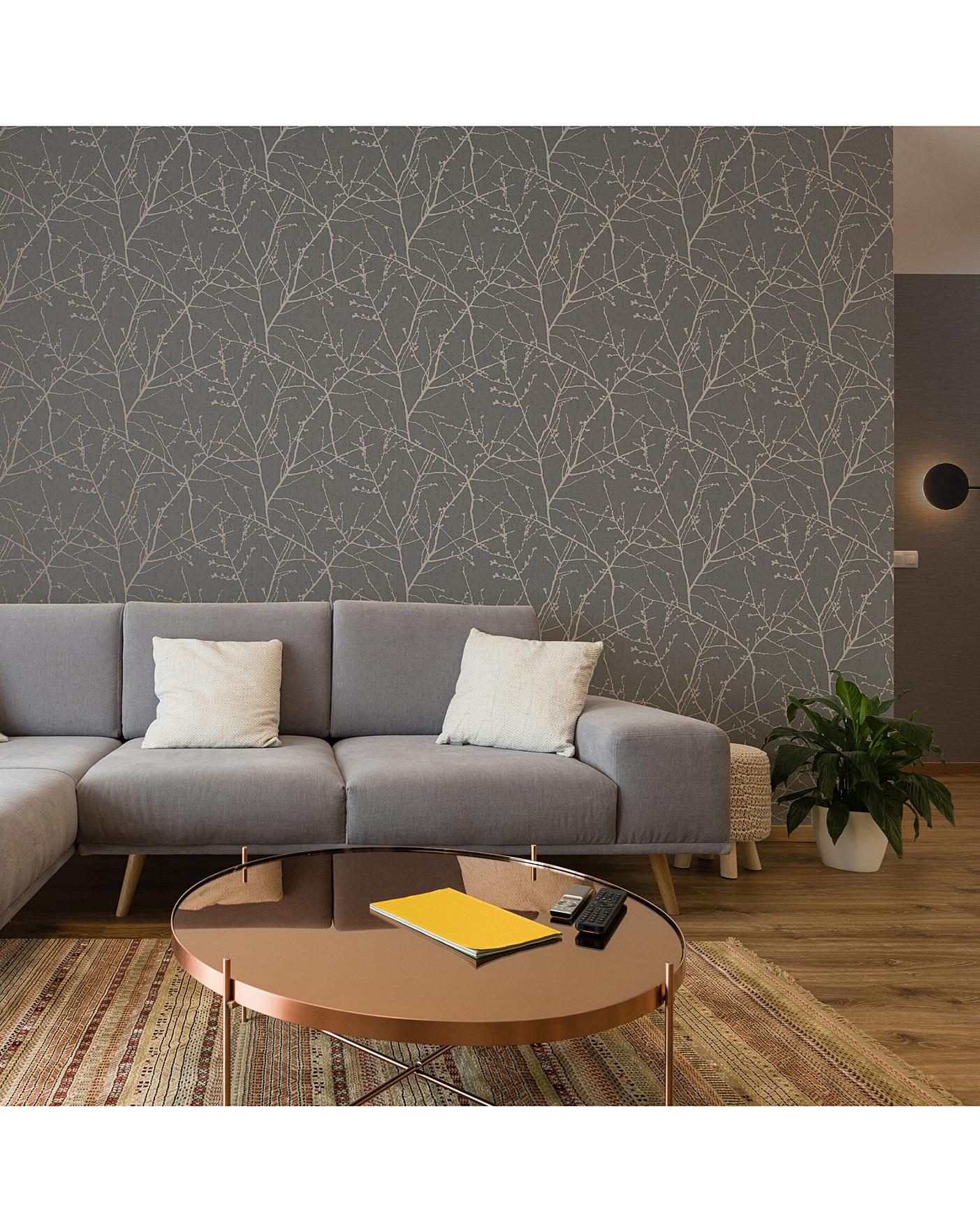 Winter Tree Metallic Wallpaper in Charcoal and Copper  Grey wallpaper  feature wall Metallic wallpaper Grey and gold wallpaper
