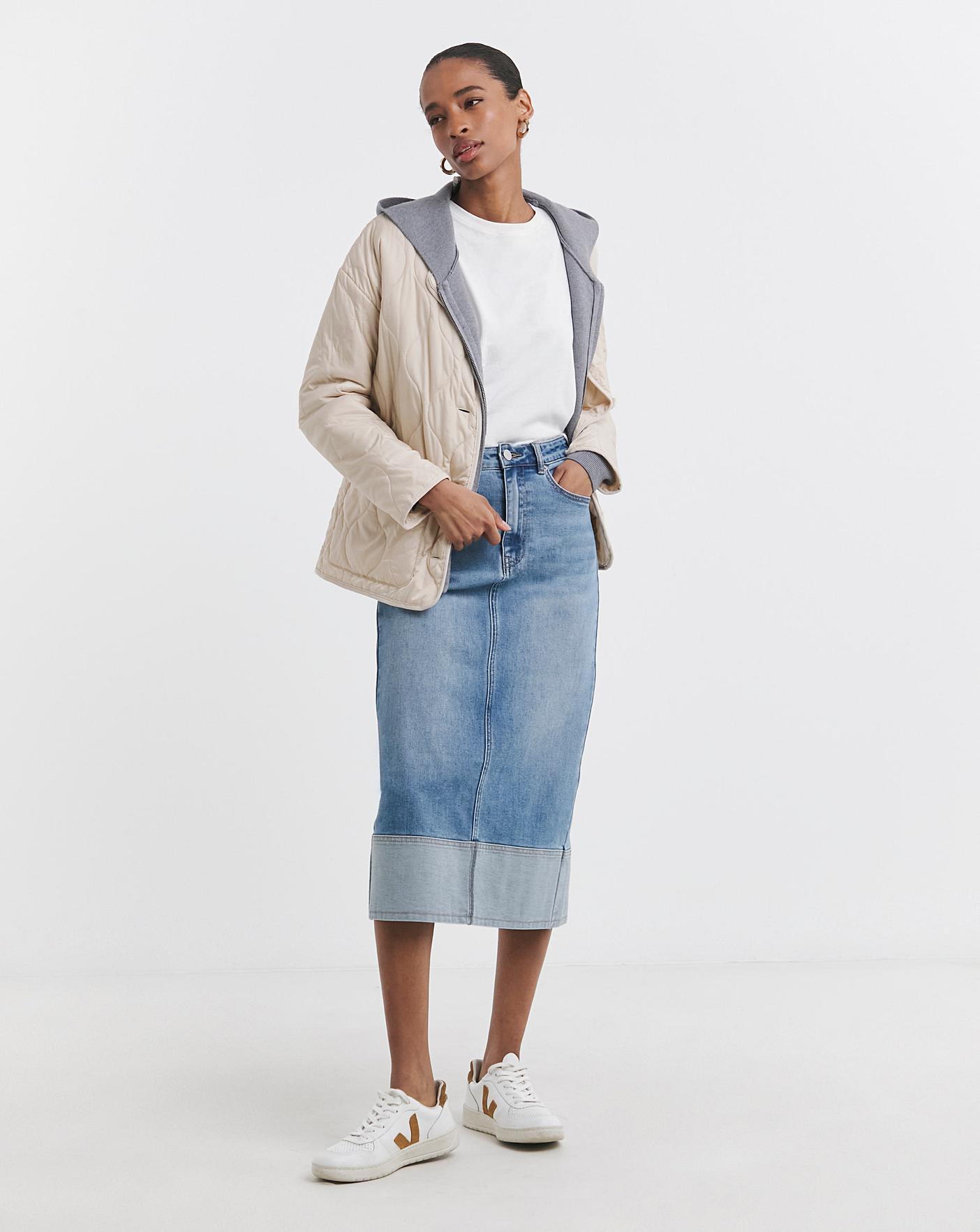 Light Blue Turn Up Midi Denim Skirt | Oxendales