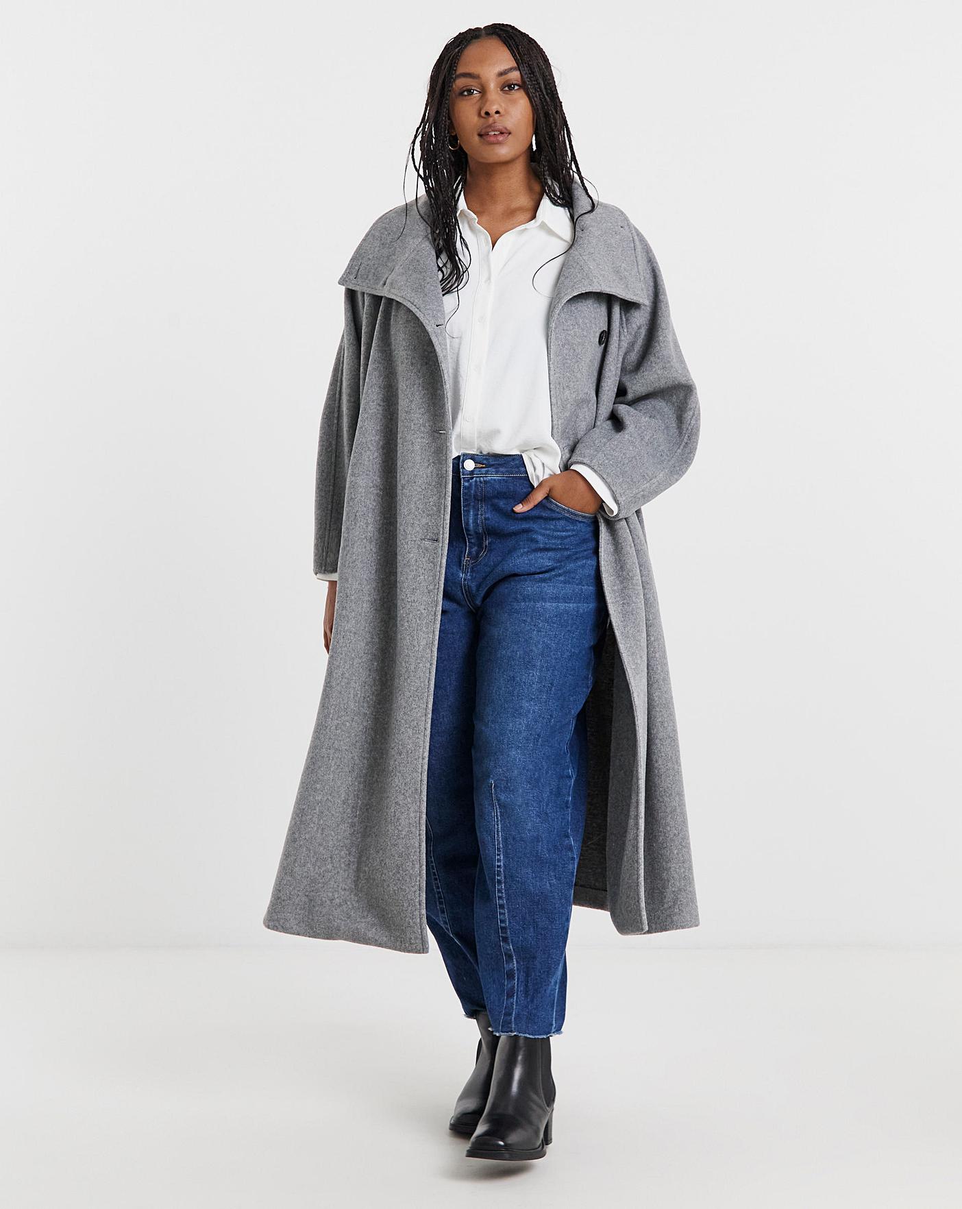 Grey Funnel Neck Faux Wool Coat | Oxendales
