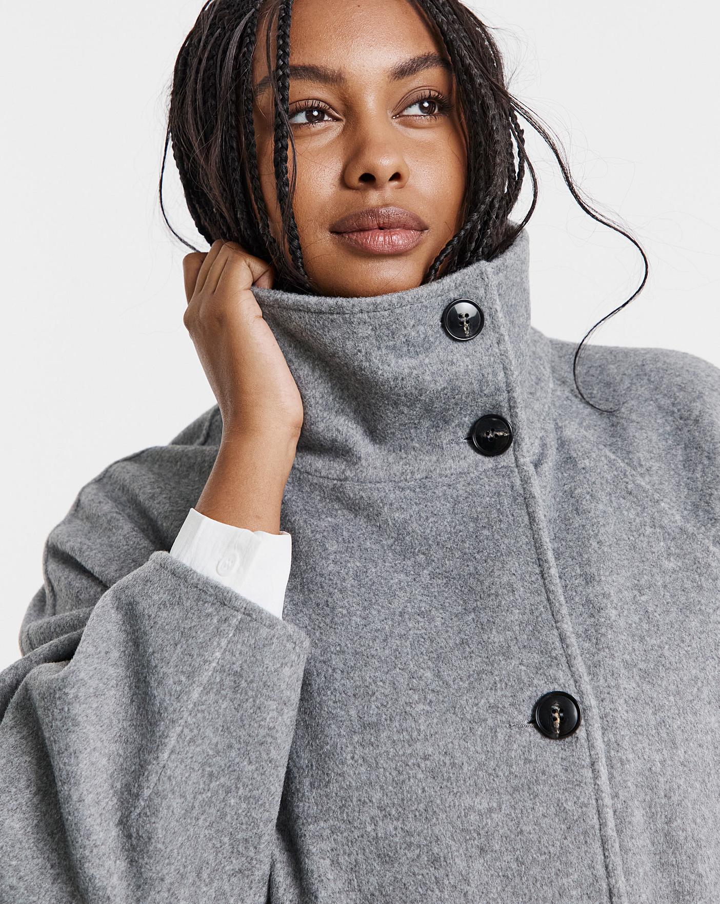 Grey Funnel Neck Faux Wool Coat | Oxendales