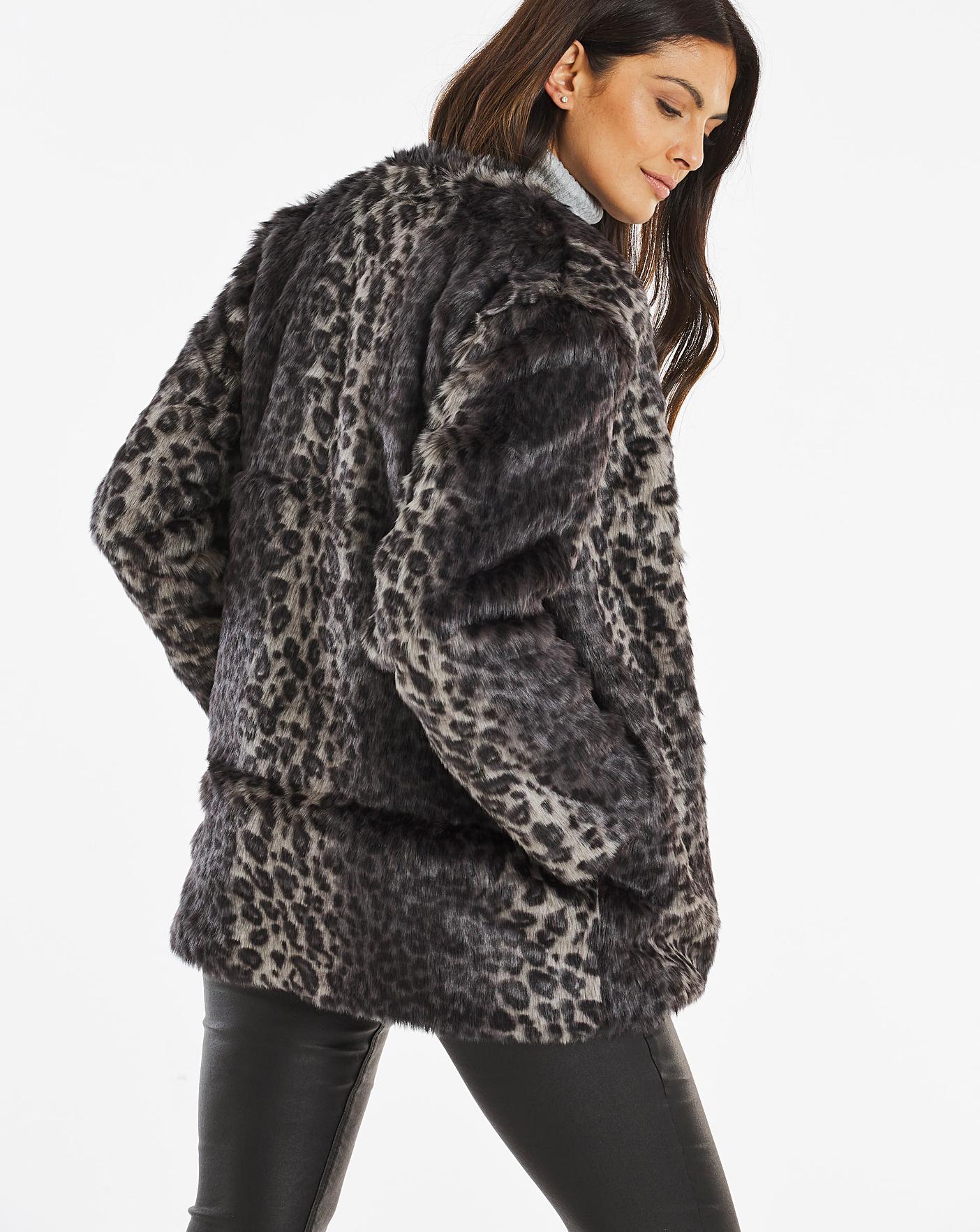 Grey Leopard Print Faux Fur Coat | Fashion World