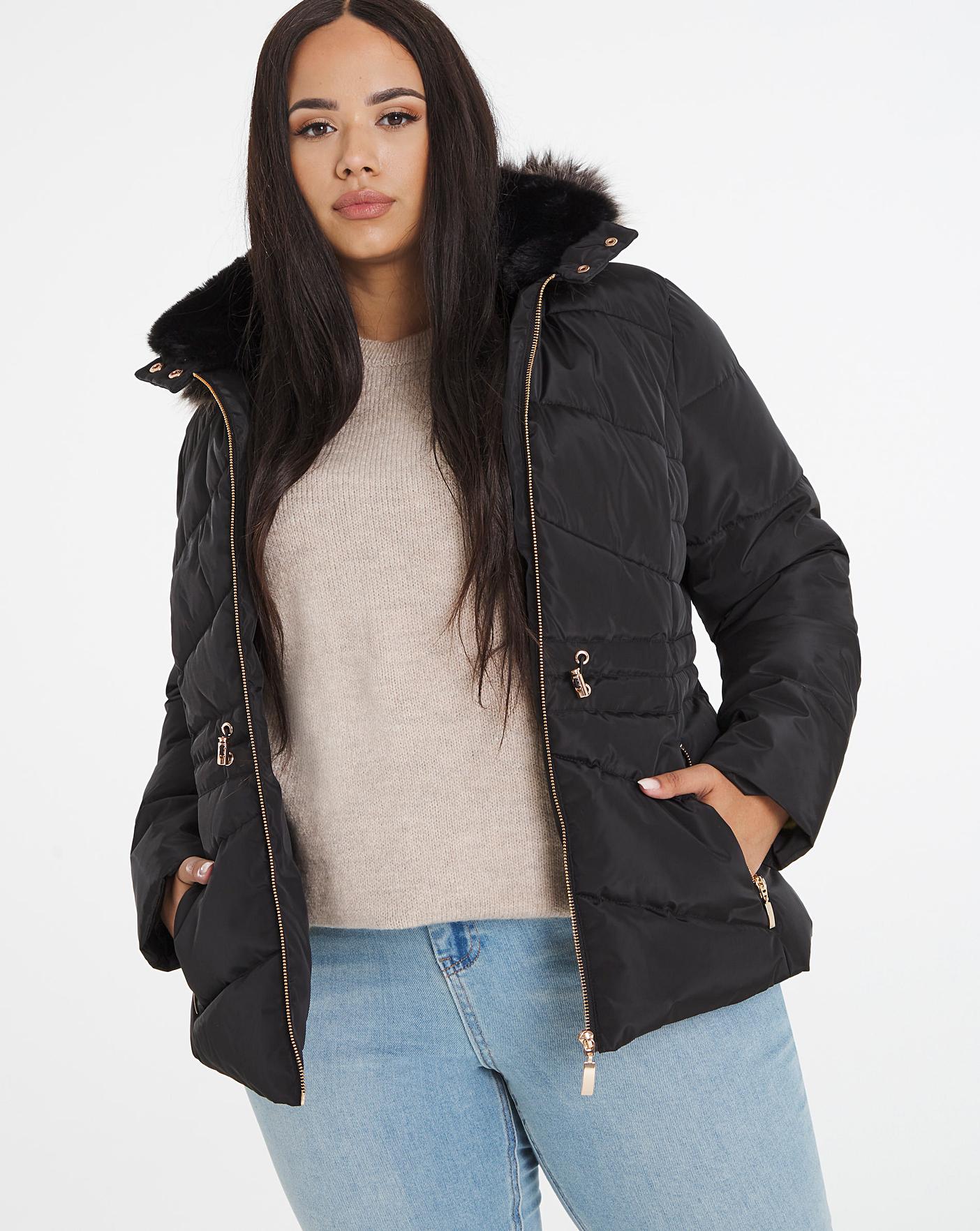 short padded coat with fur hood