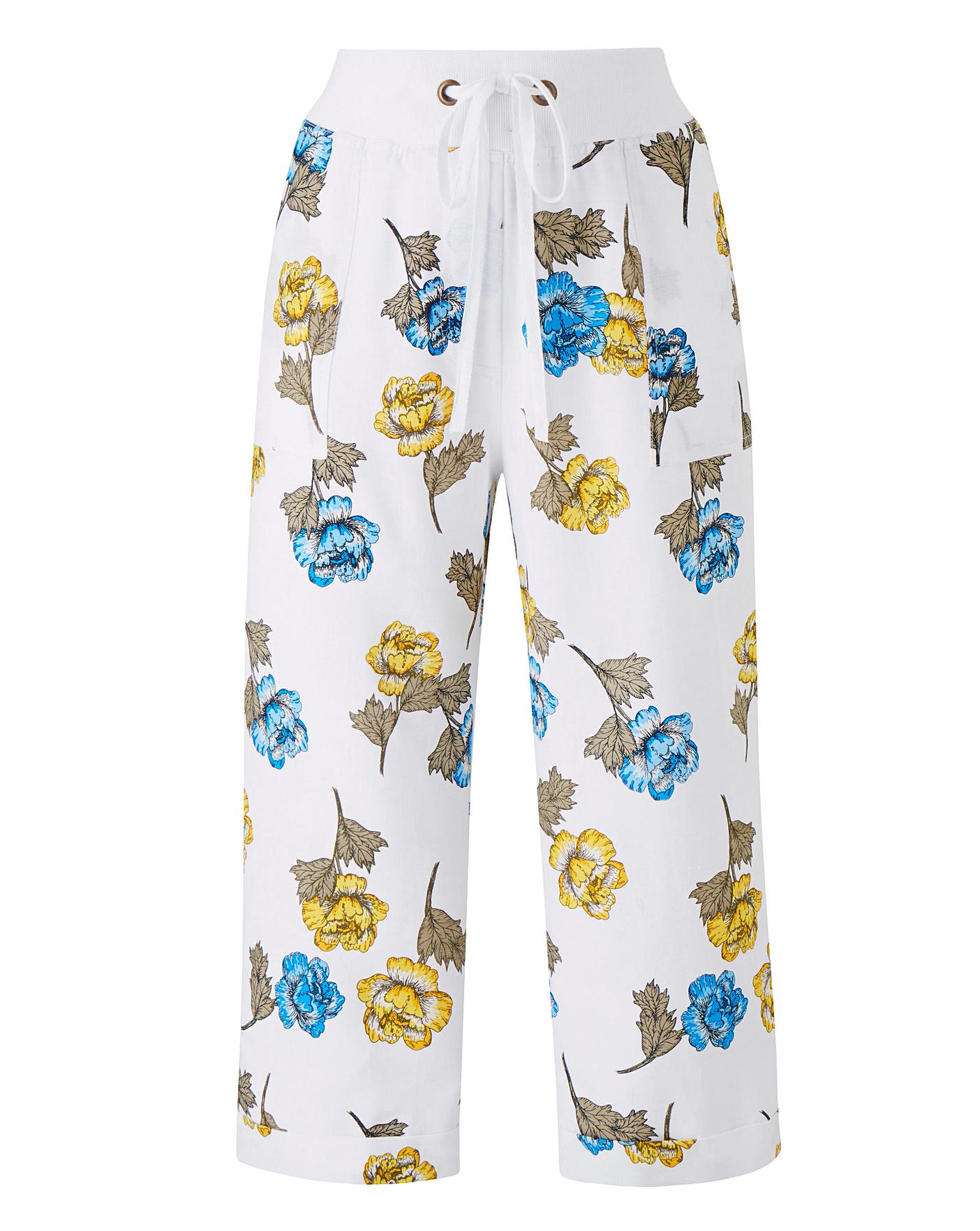 Floral Slouch Linen Mix Crop Trousers Oxendales