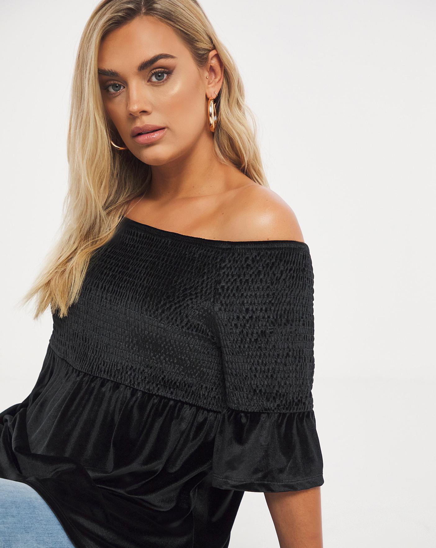 Black shirred bardot top new arrivals