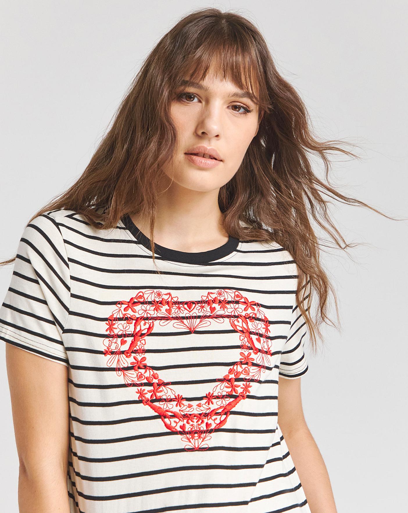 Embroidered Red Heart Slogan T Shirt Crazy Clearance