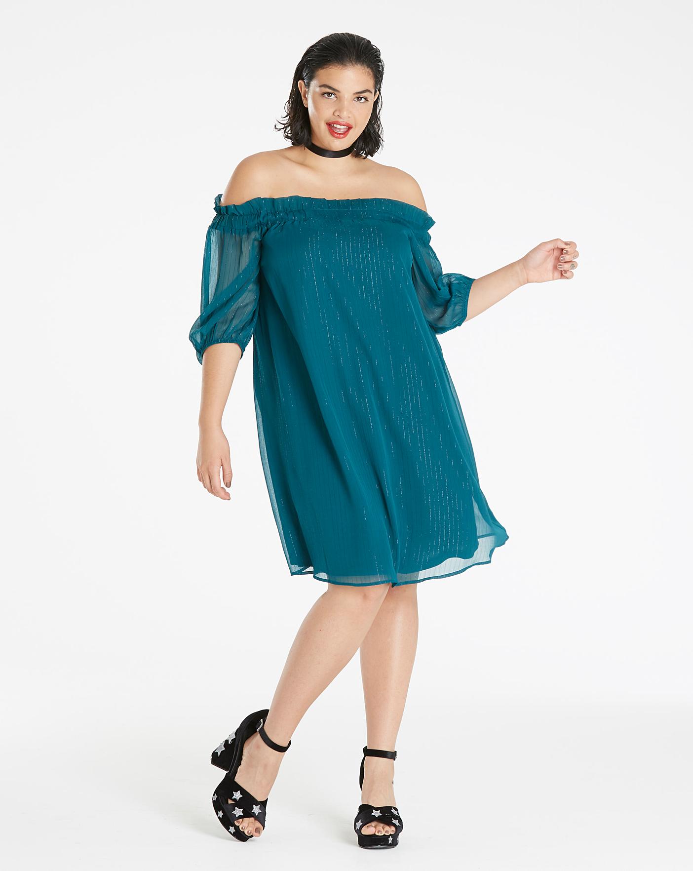 Teal Metallic Stripe Bardot Dress 