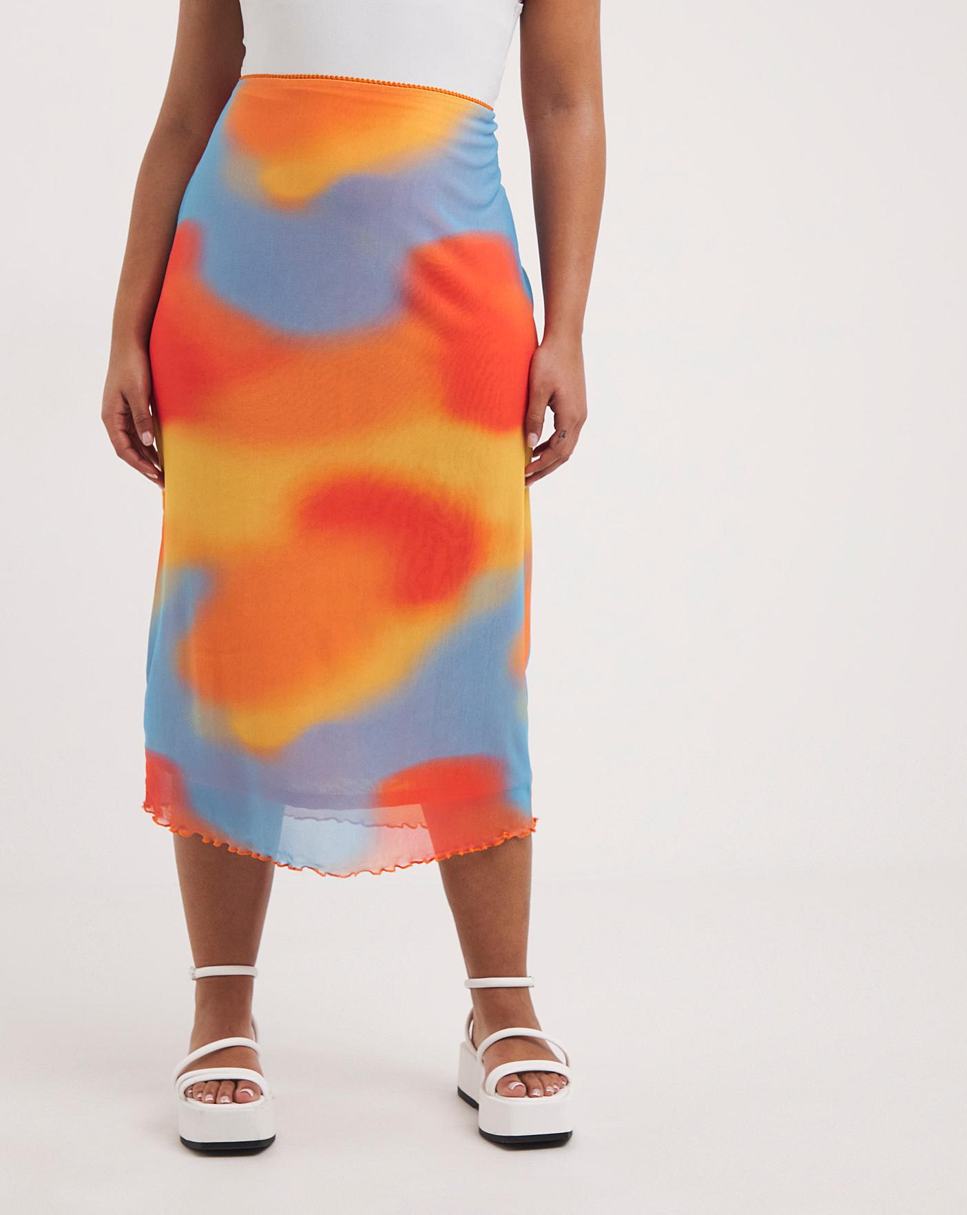 Tie Dye Mesh Overlay Midi Skirt Simply Be