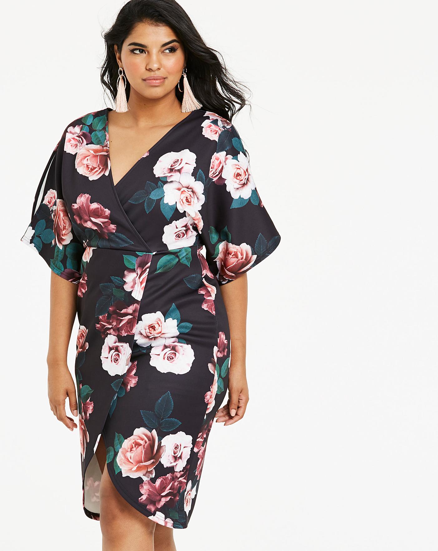 quiz navy and pink floral wrap dress