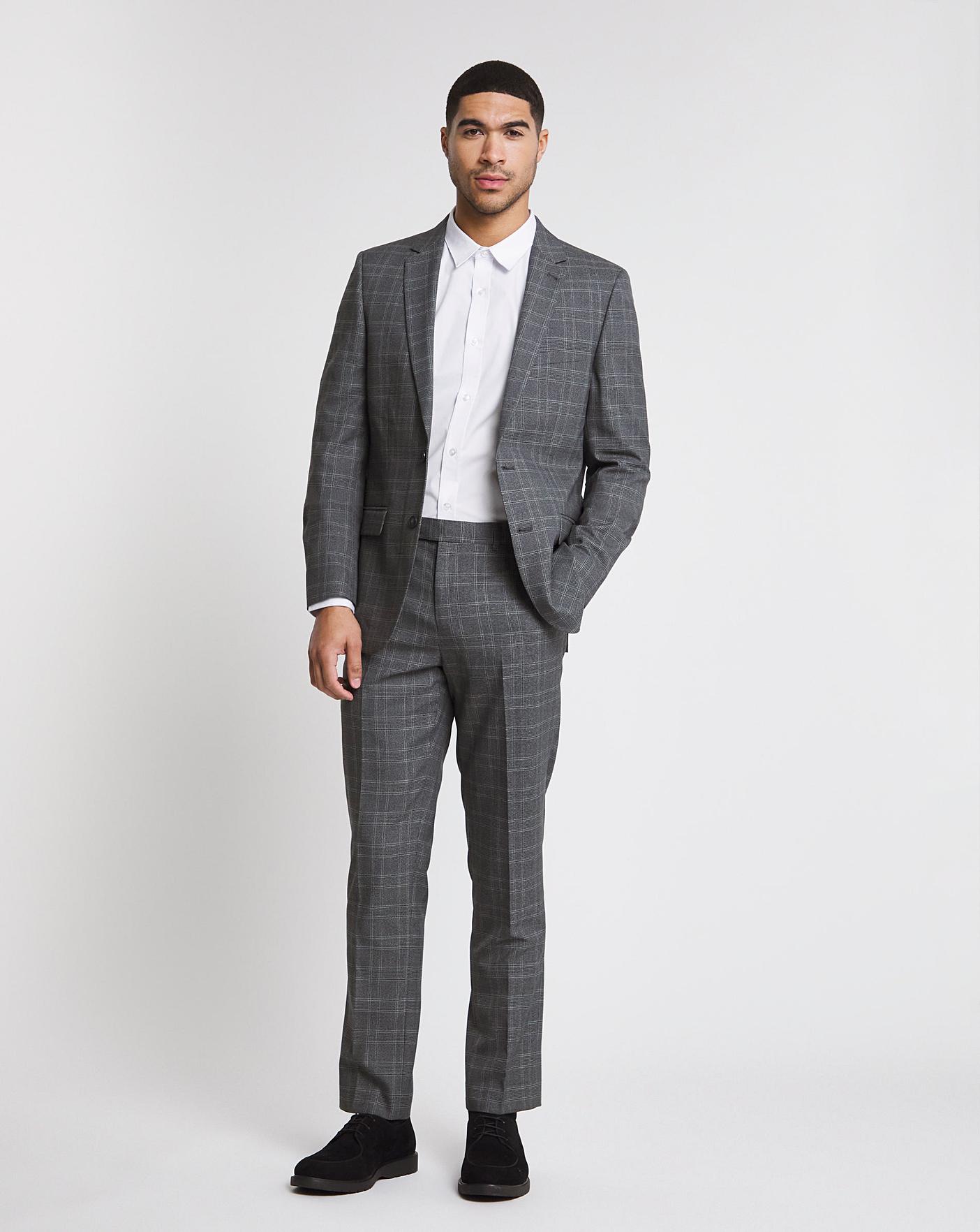 Harry Brown Tall Checked Slim Fit Cropped Suit Trousers-Grey for Men
