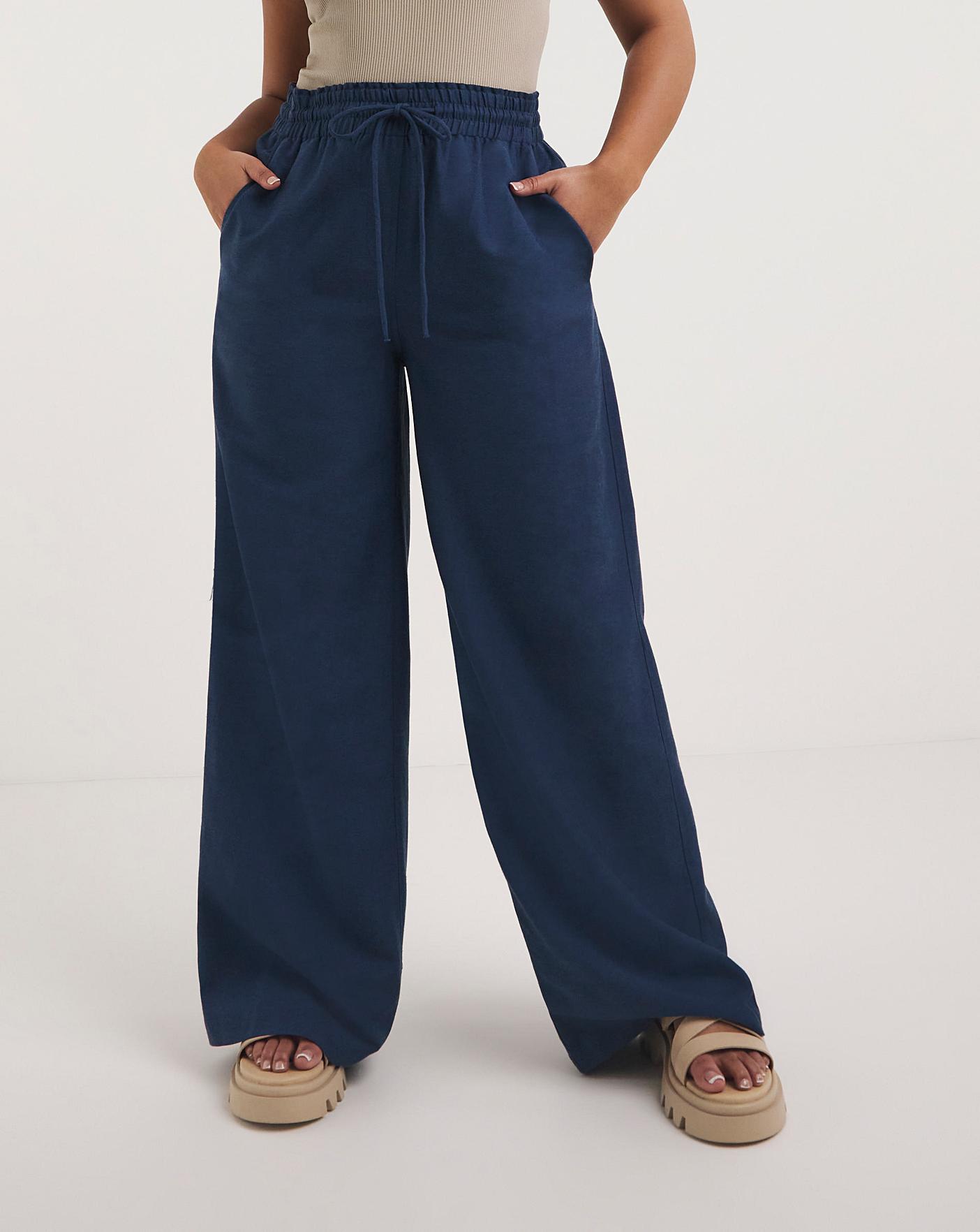 Navy Linen Wide Leg Trouser | Fashion World