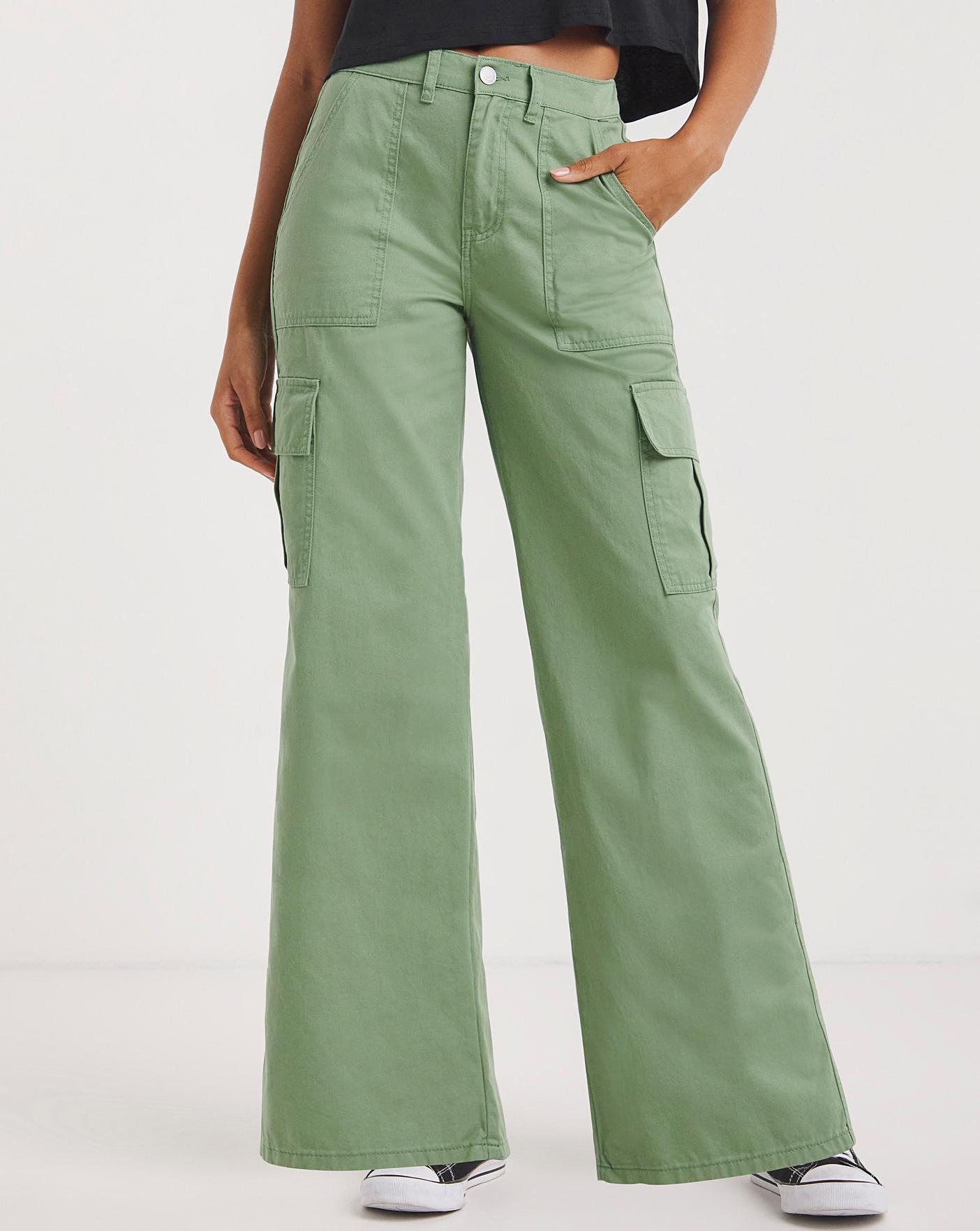 Women's Green Pants, Wide Leg, Cargo & Flare