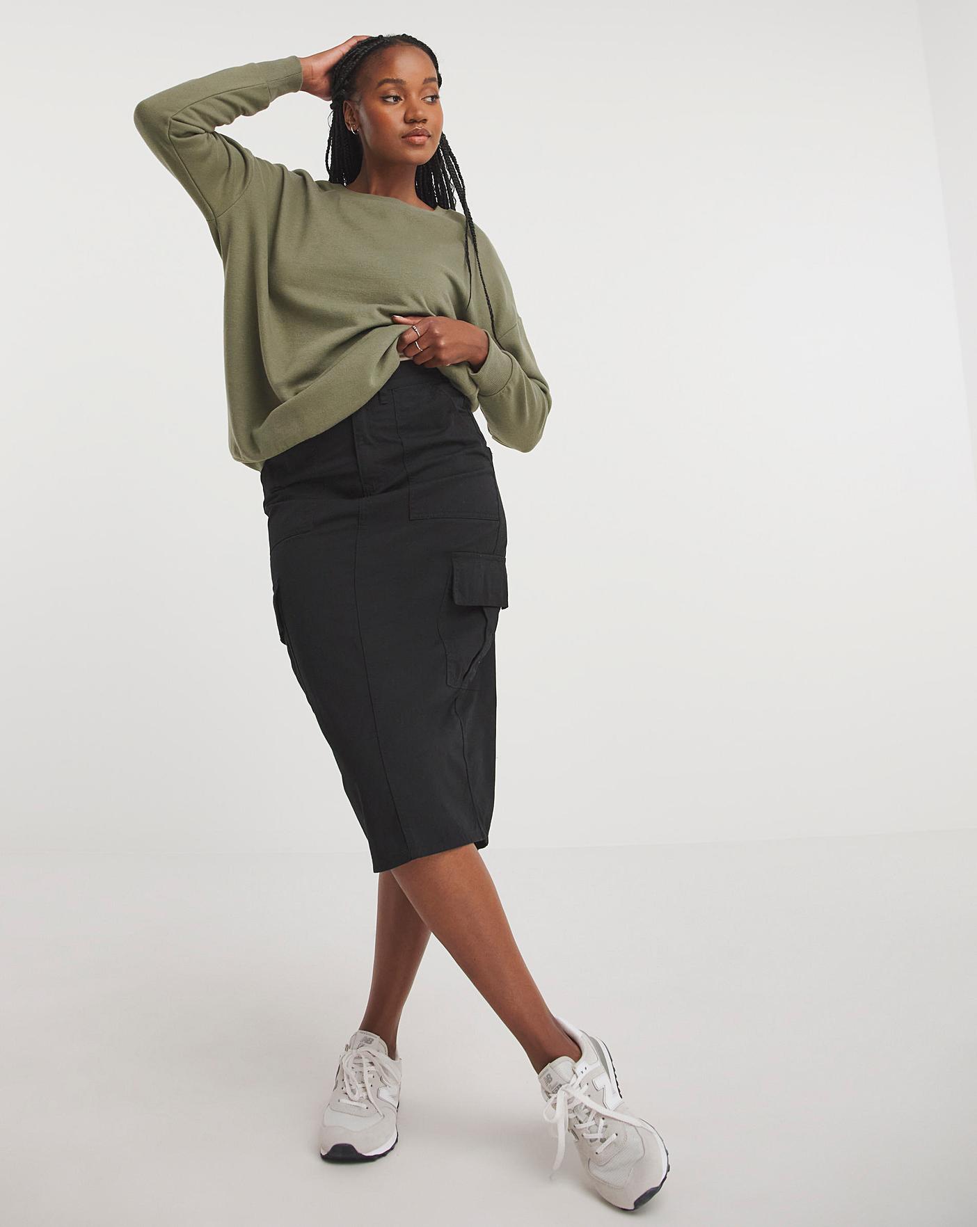 Black Cargo Utility Midi Skirt