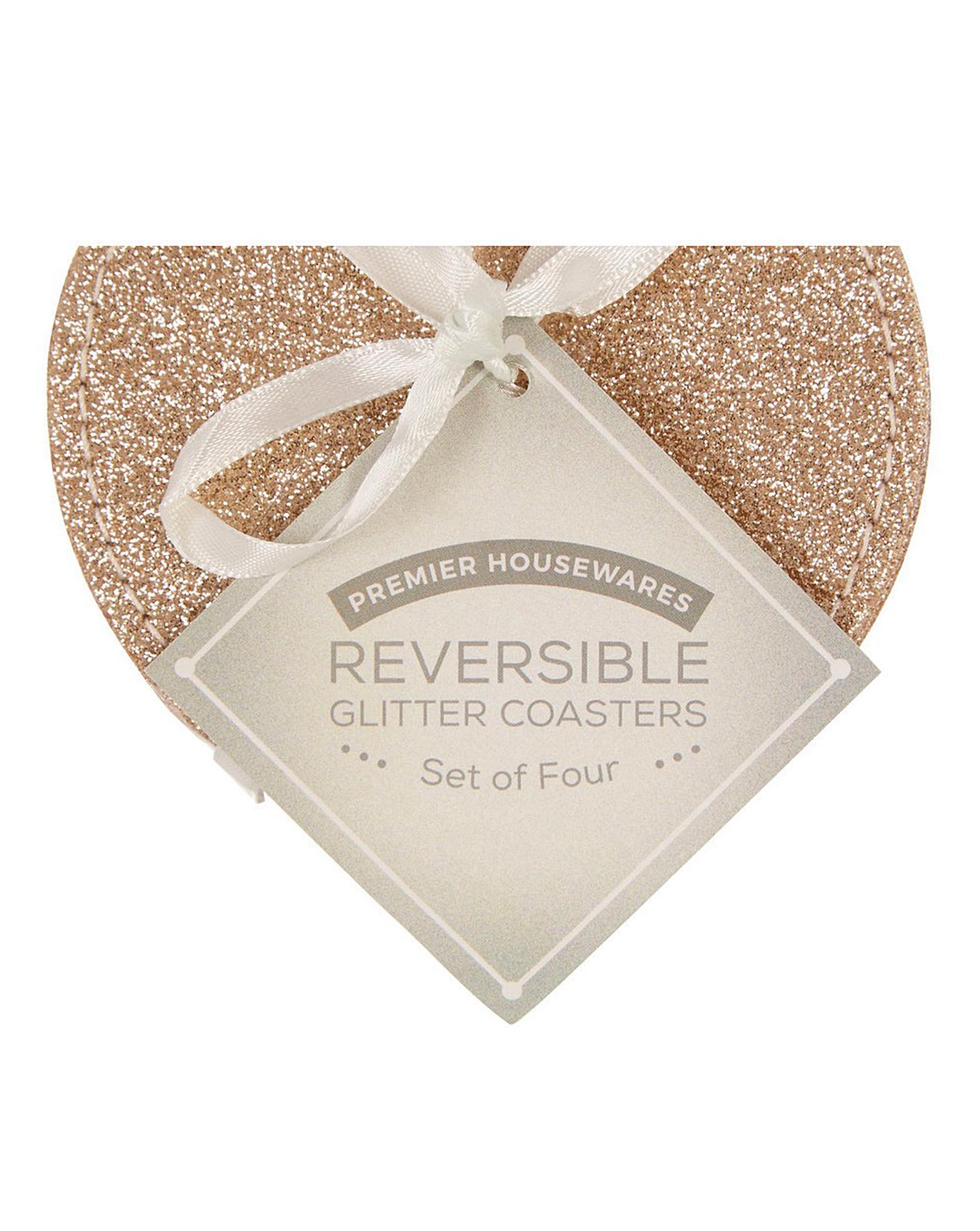 Brand New Set Of 4 Sparkle Coasters Reversible Silver & Gold Glitter 