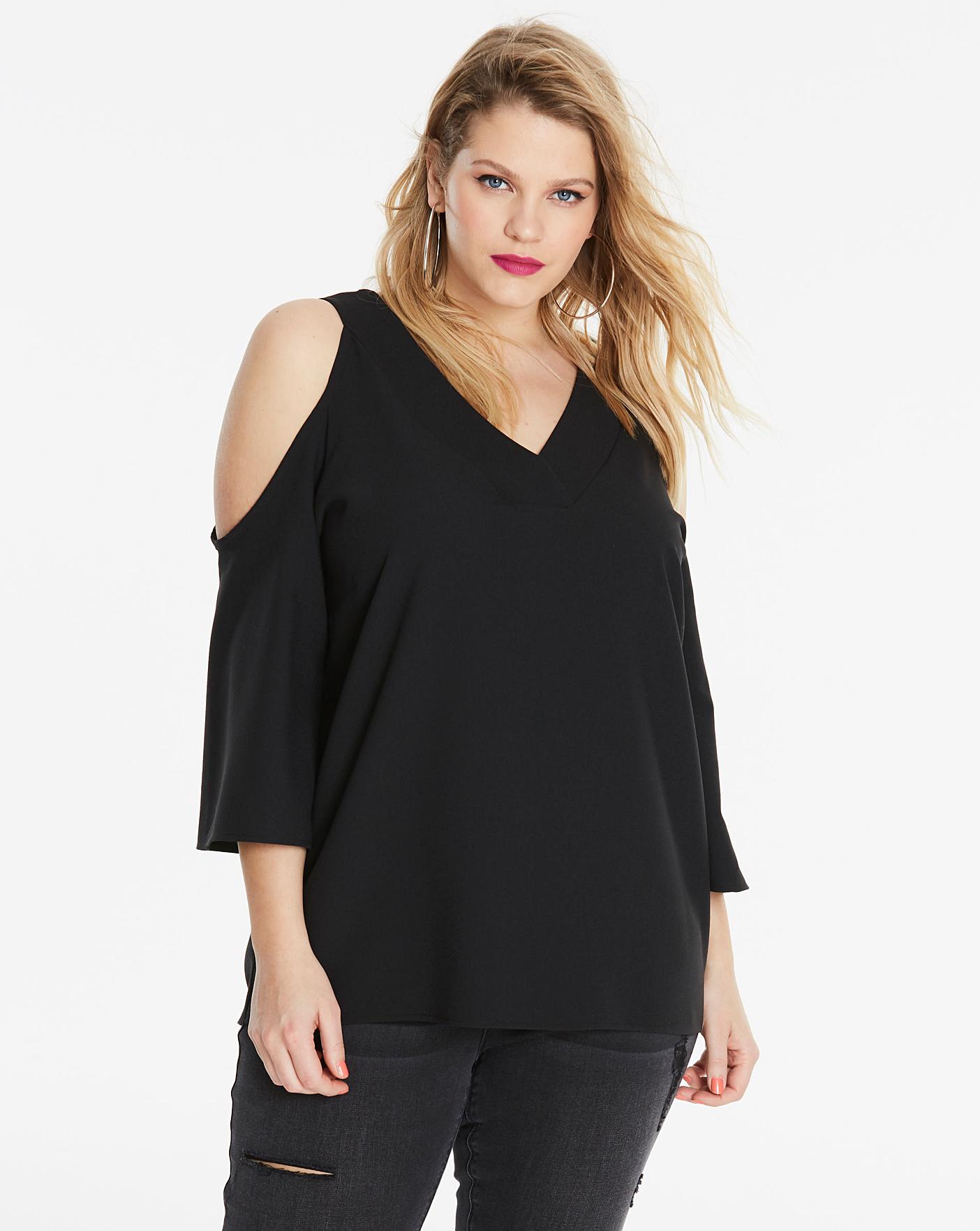 black v neck cold shoulder top