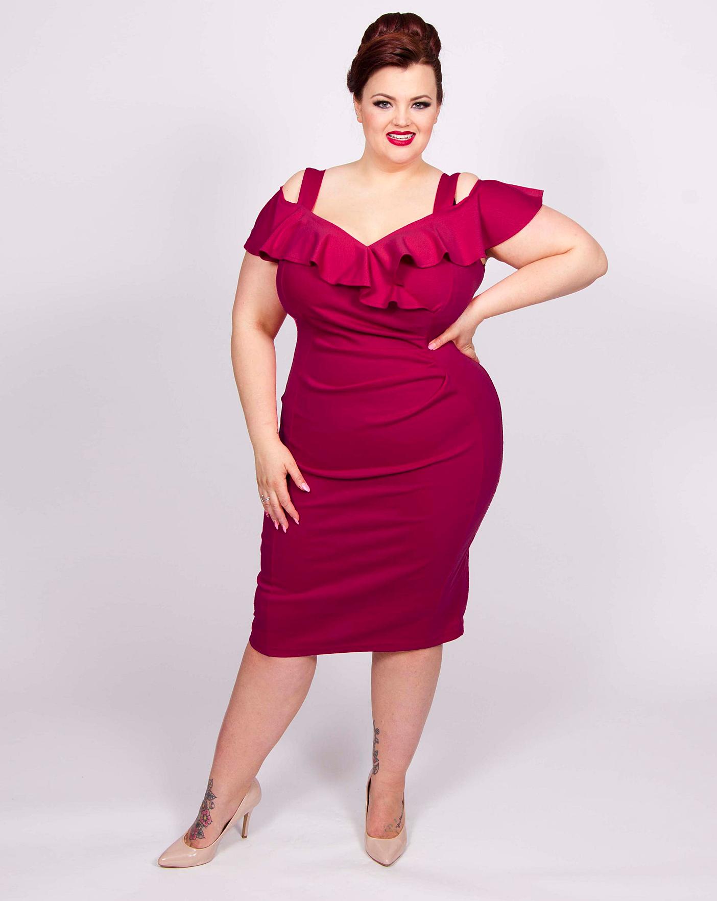 bardot frill bodycon dress