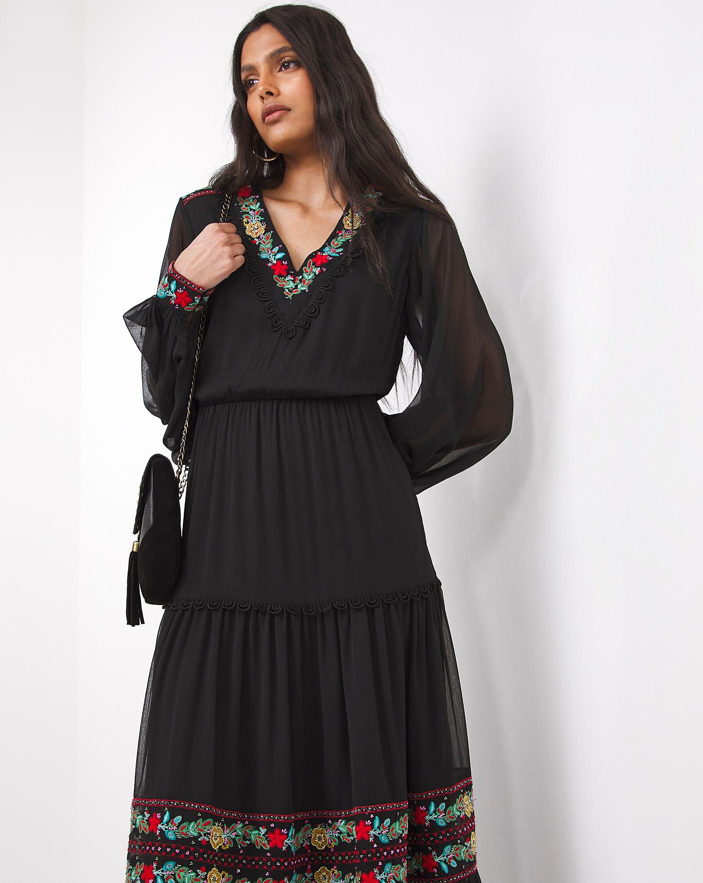 Long black embroidered on sale dress