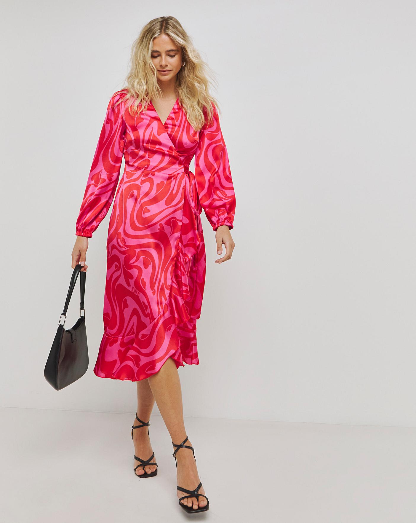 Pink And Red Swirl Satin Wrap Dress Crazy Clearance