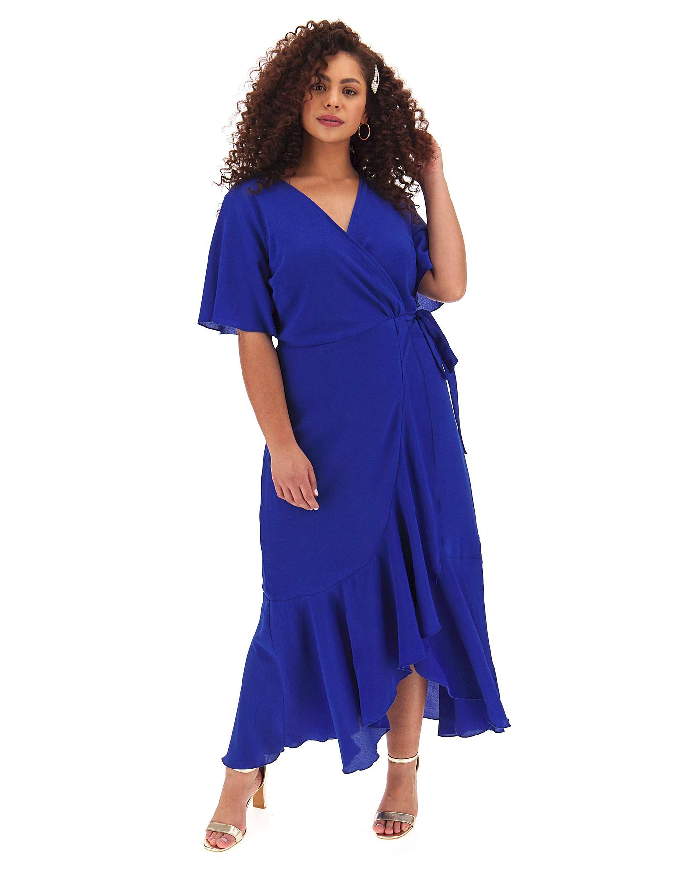 blue ruffle wrap dress