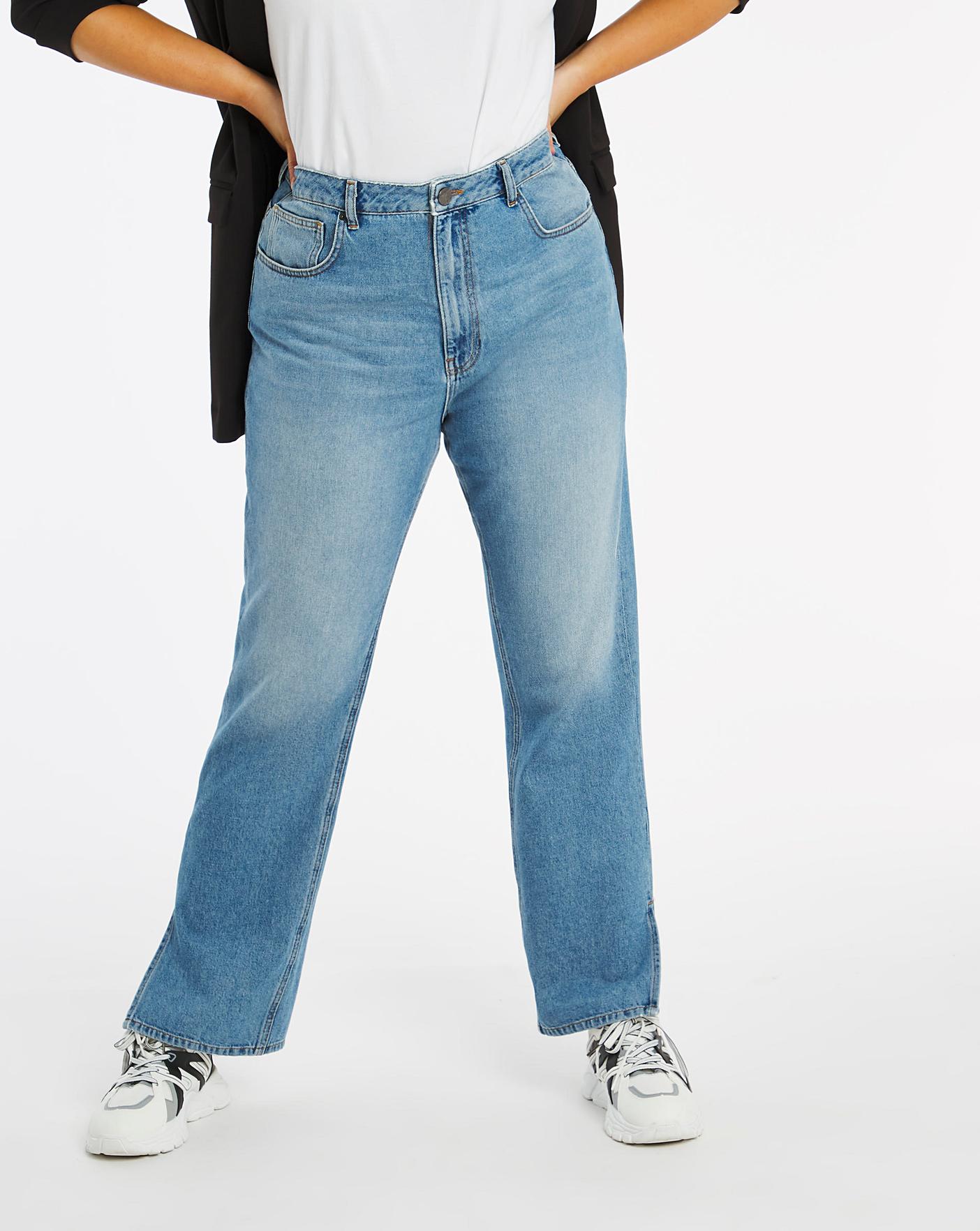 Stonewash Split Hem Straight Leg Jeans 