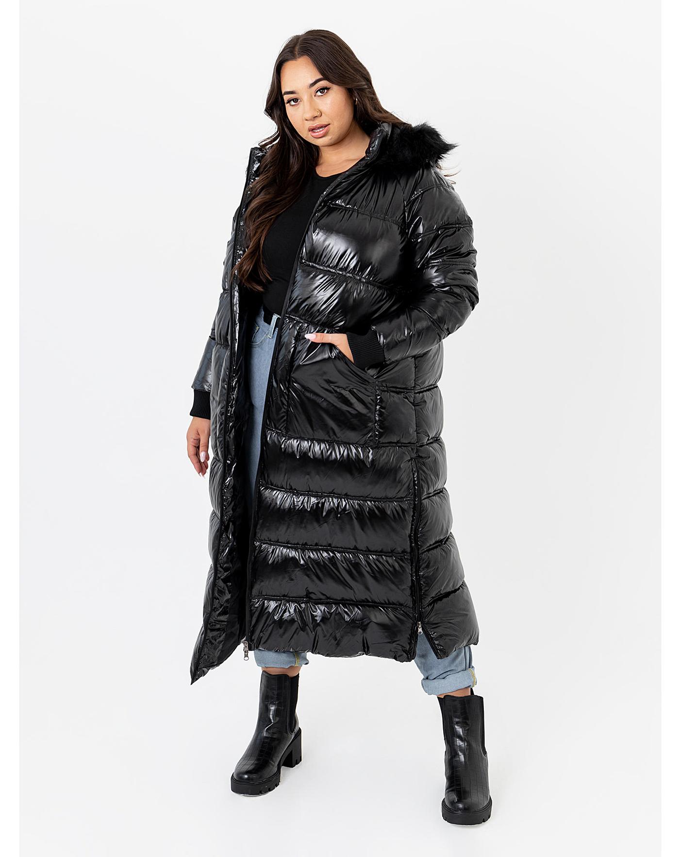 high shine long padded coat