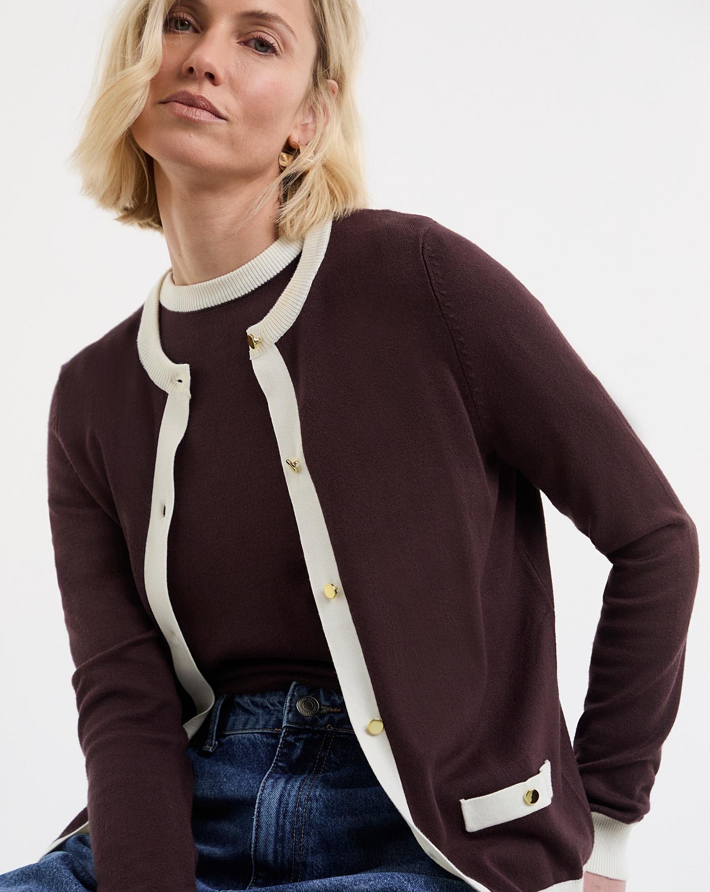 Contrast Tipping Crew Neck Cardigan | Oxendales