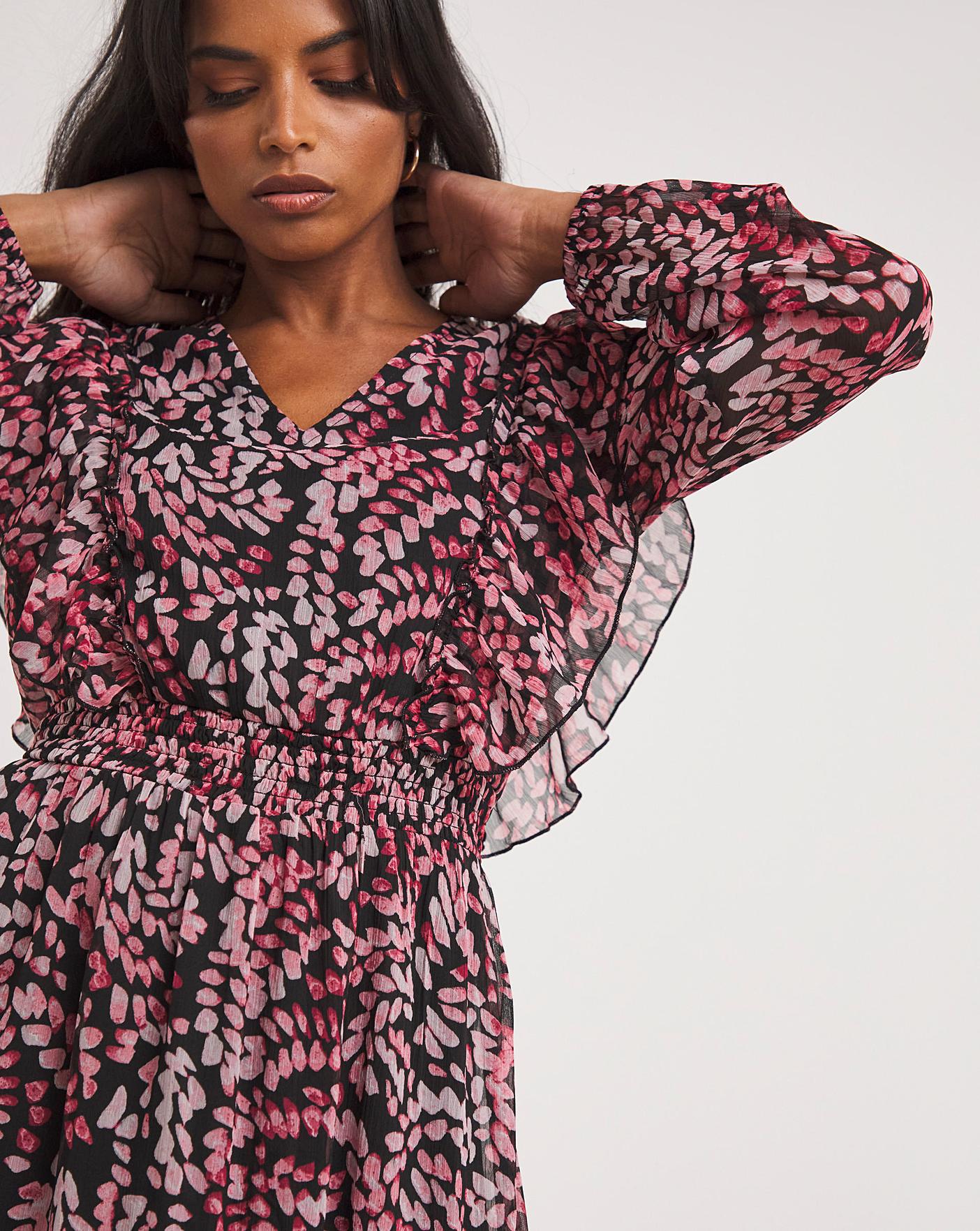 Balloon Sleeve Ruffle Midi Dress 