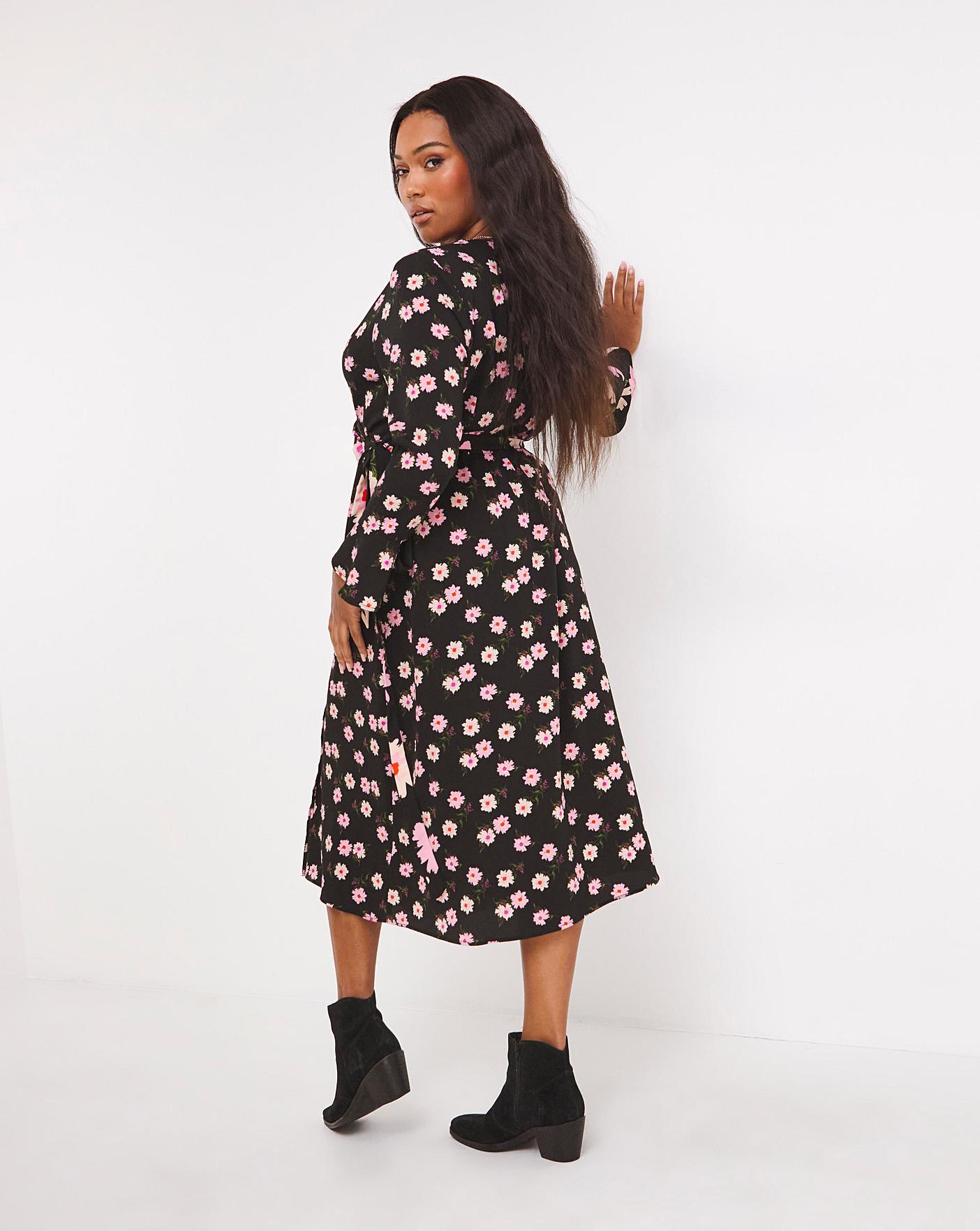 Mixed Floral Print Wrap Midi Dress Fashion World