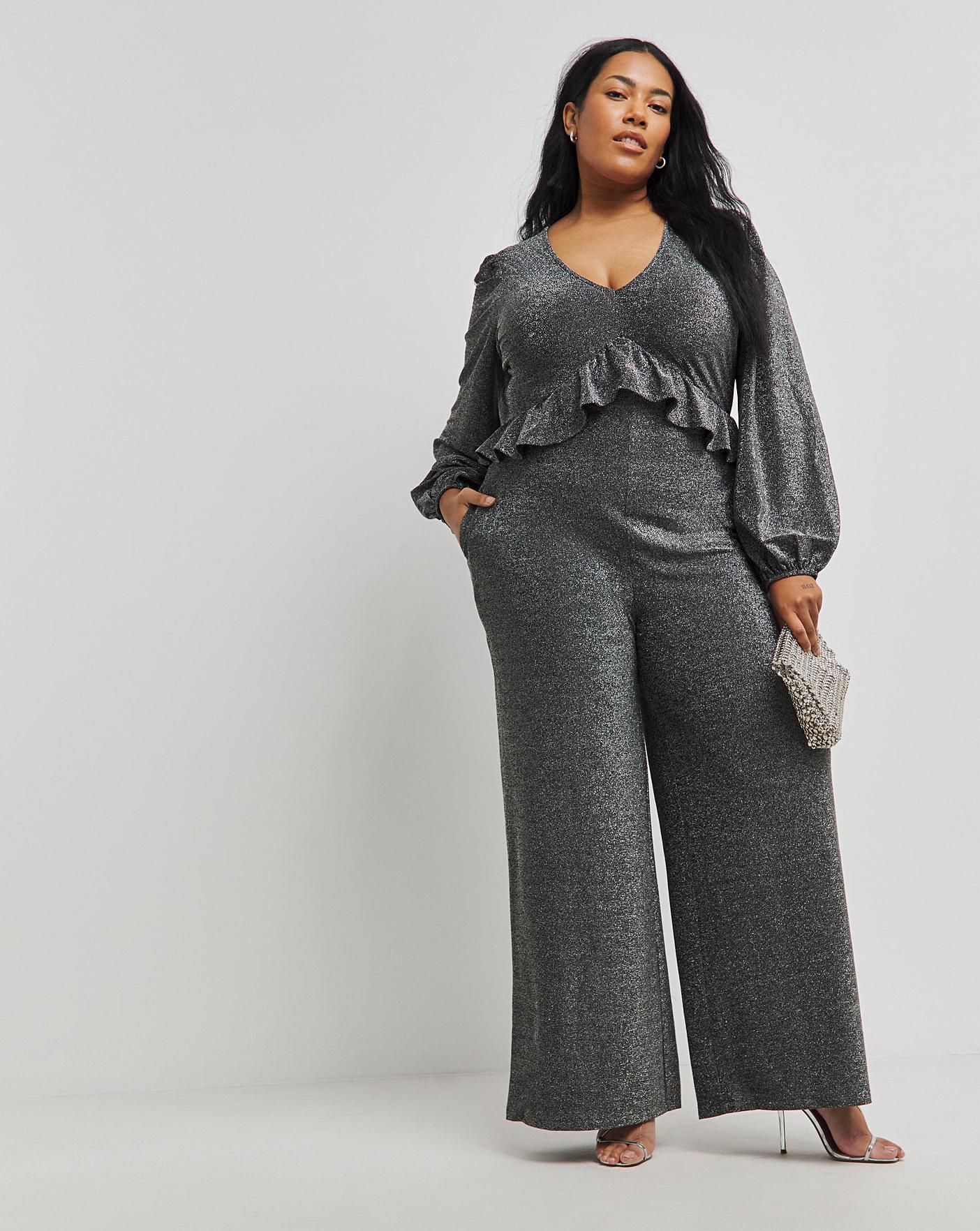 Silver Grey Glitter Knit Frill Jumpsuit Fashion World