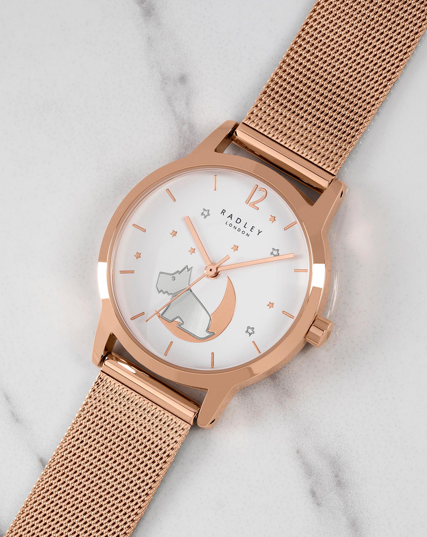 Radley Rose Gold Mesh Dog Moon Watch Premier Man