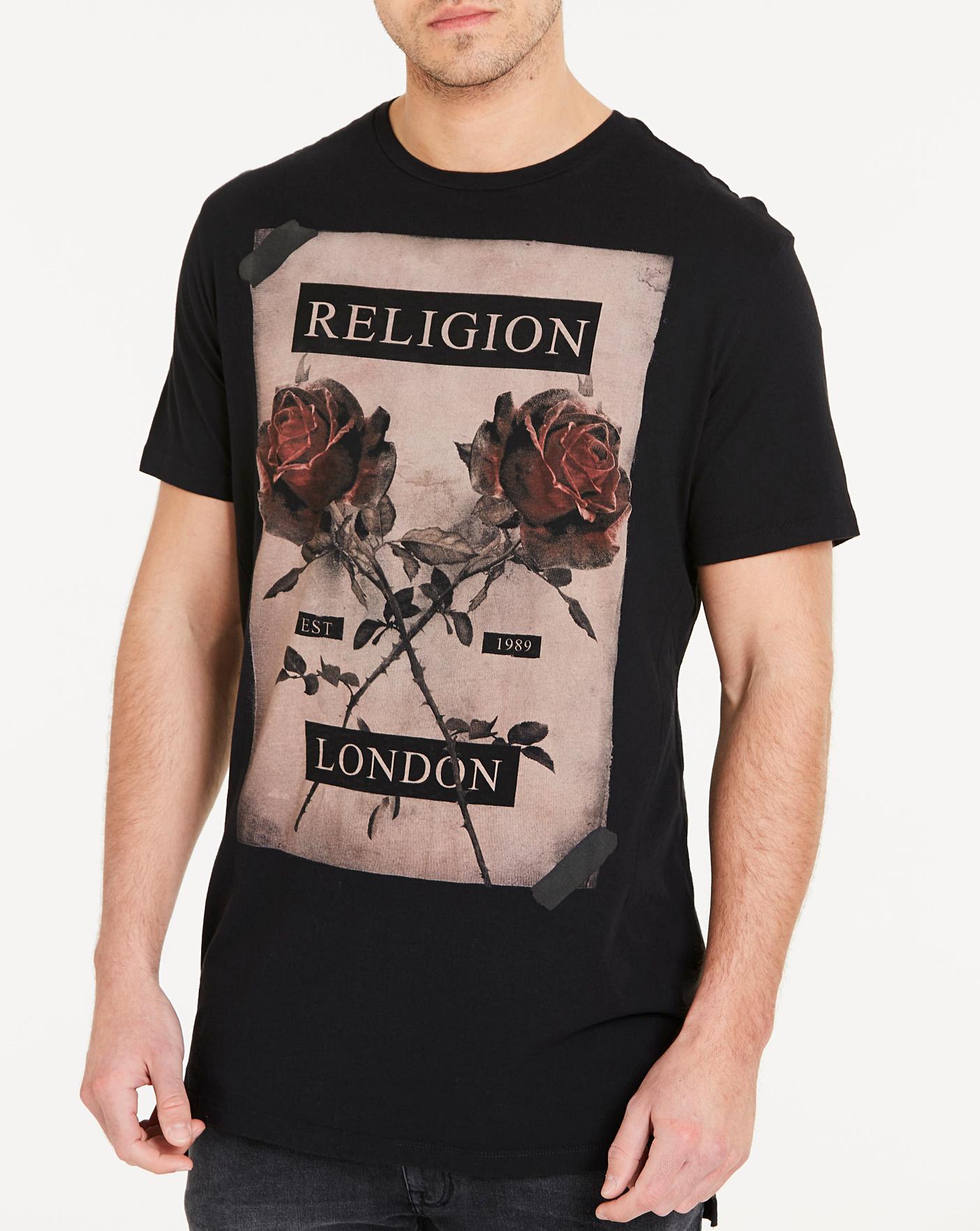 Religion Black Cross Rose T-Shirt L 