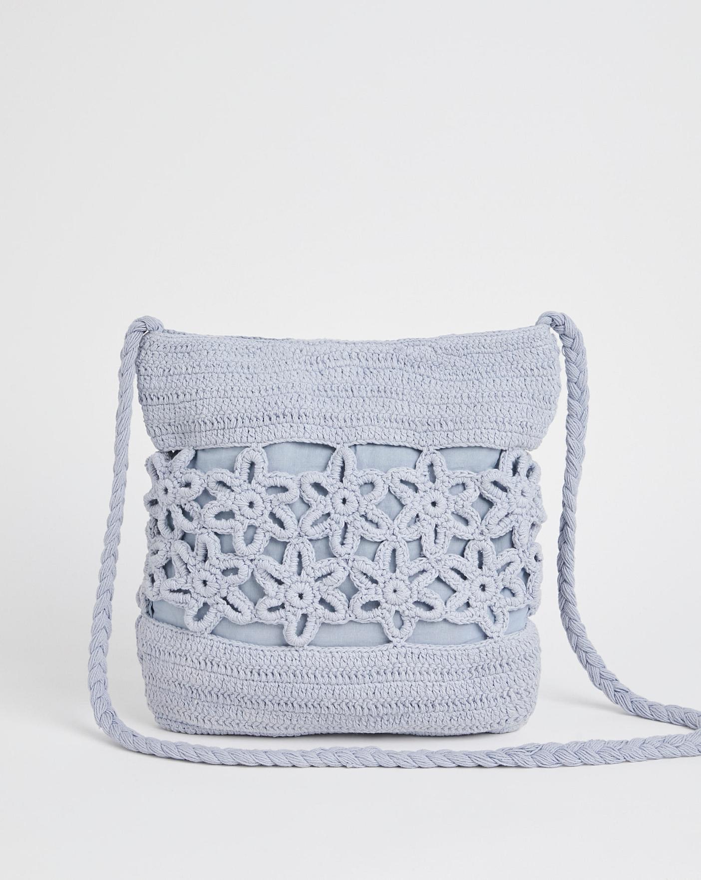 Flower Detail Blue Crochet Tote Bag