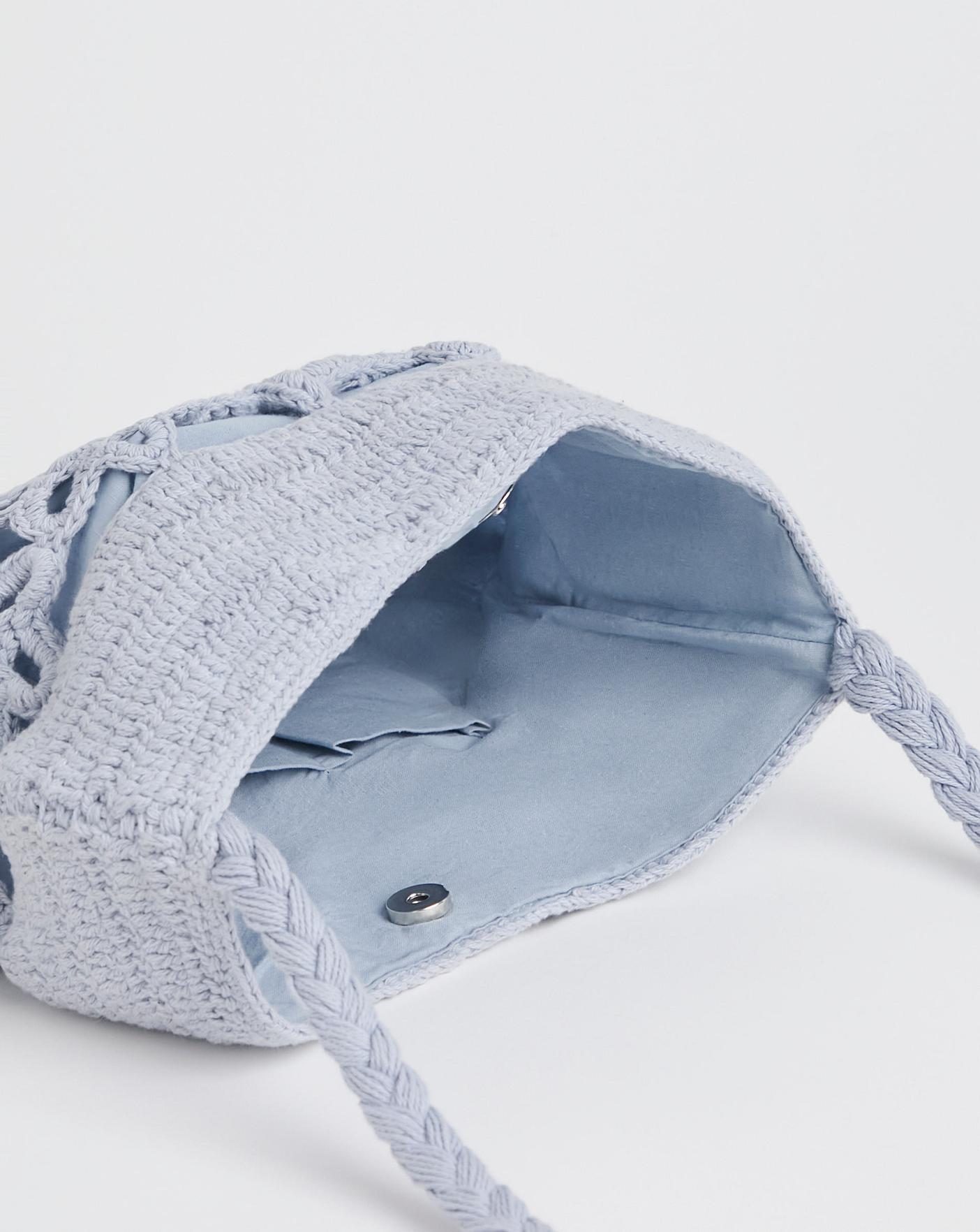 Flower Detail Blue Crochet Tote Bag Oxendales