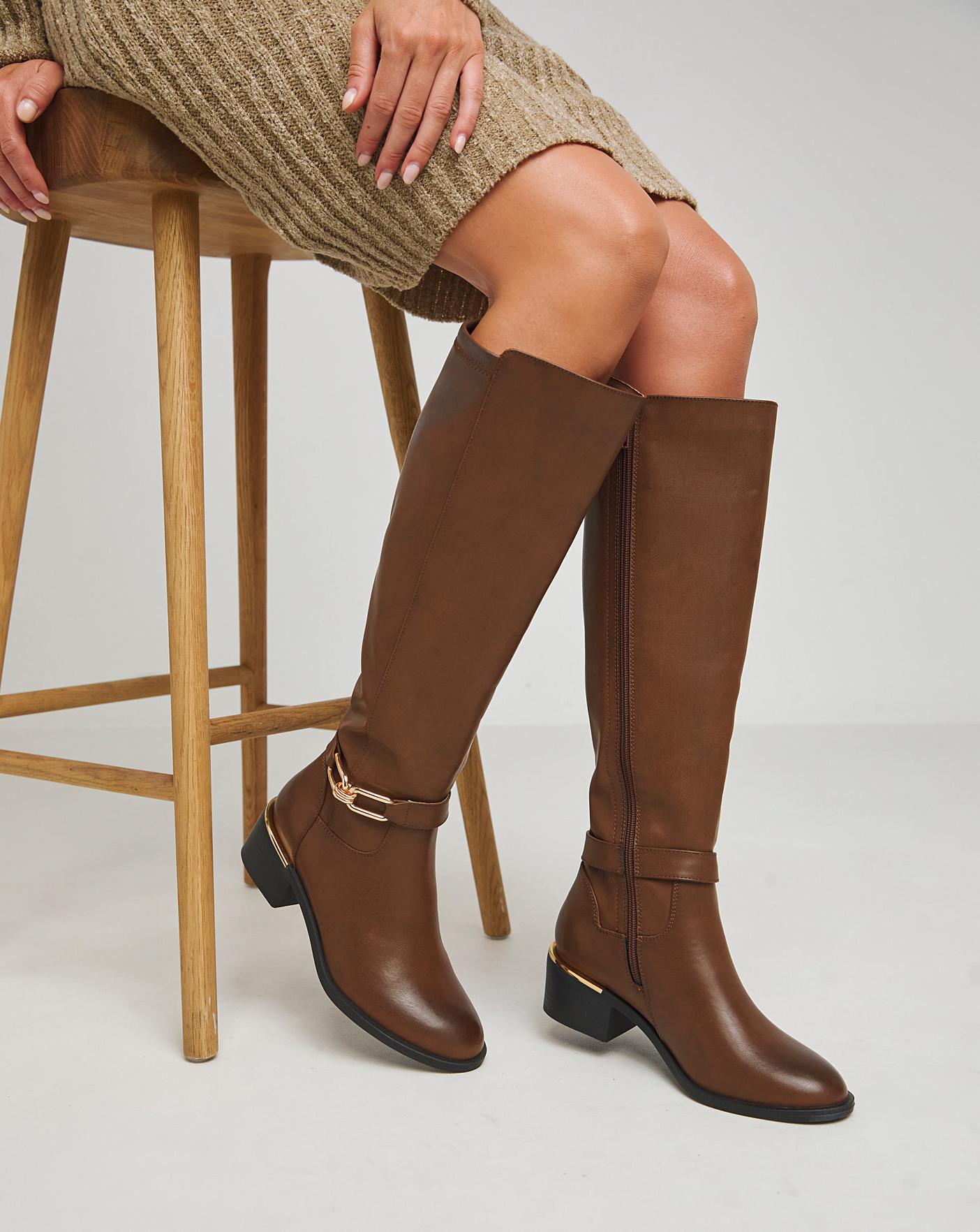 Knee High Boots With Trim Ex Wide Fit