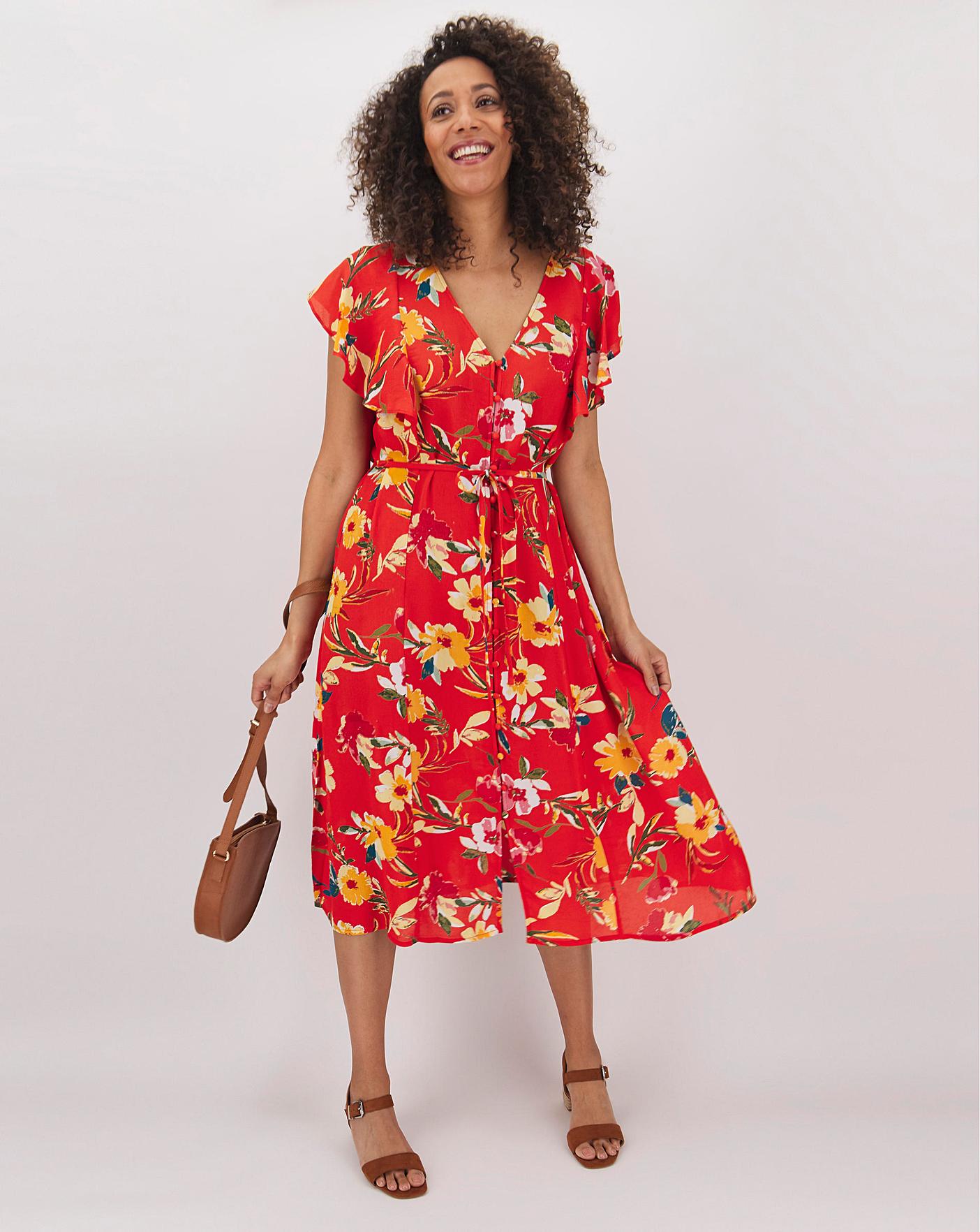 red midi floral dress