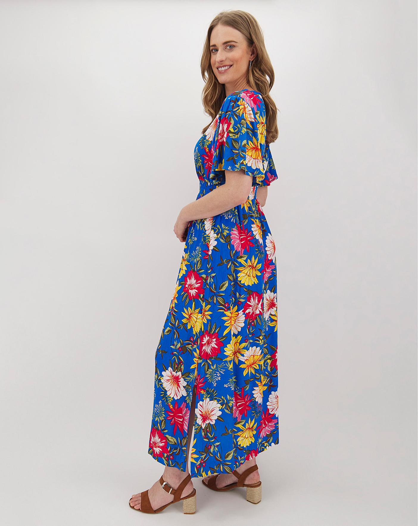 Blue Floral Lace Trim Crinkle Maxi Dress | J D Williams