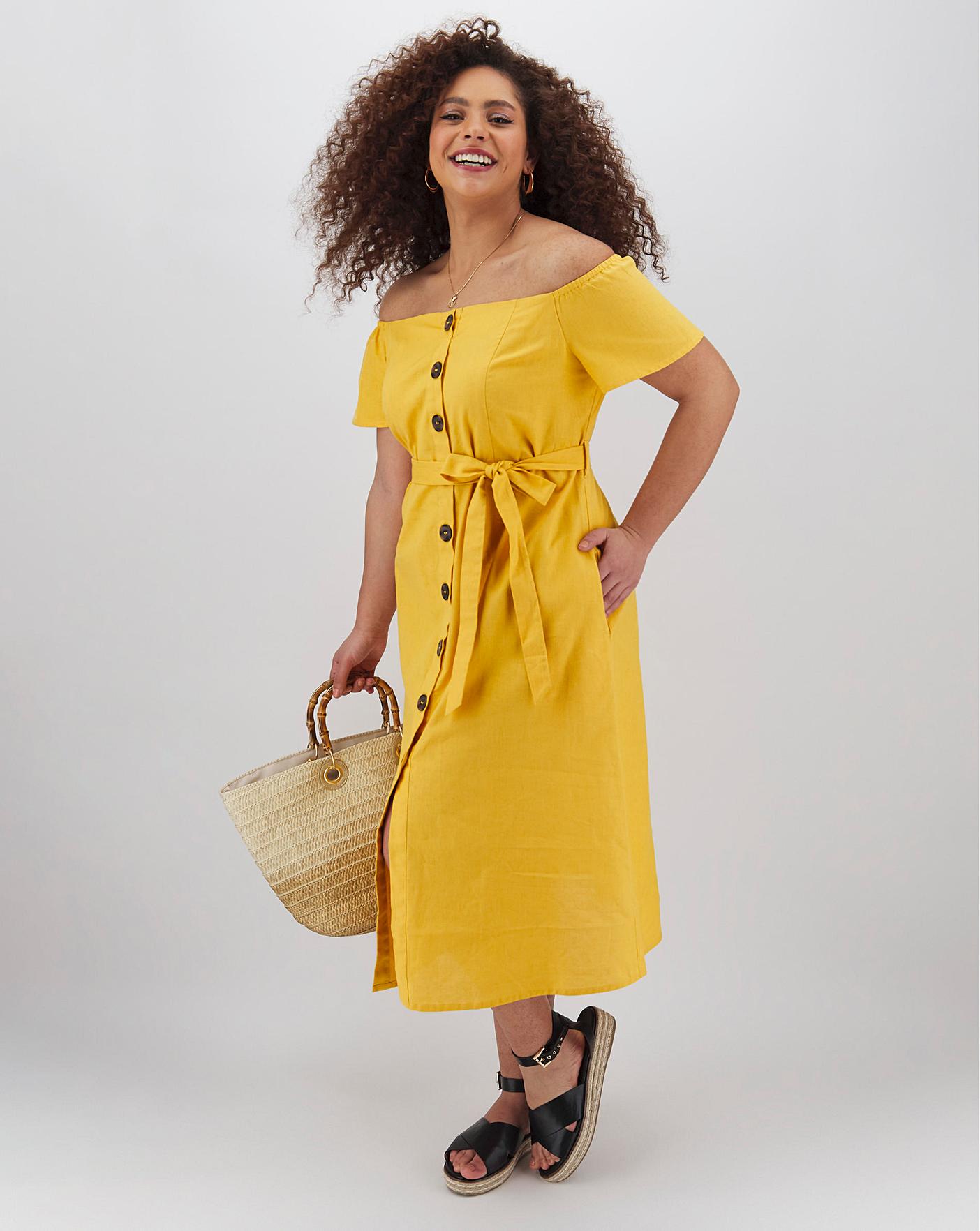 linen bardot midi dress