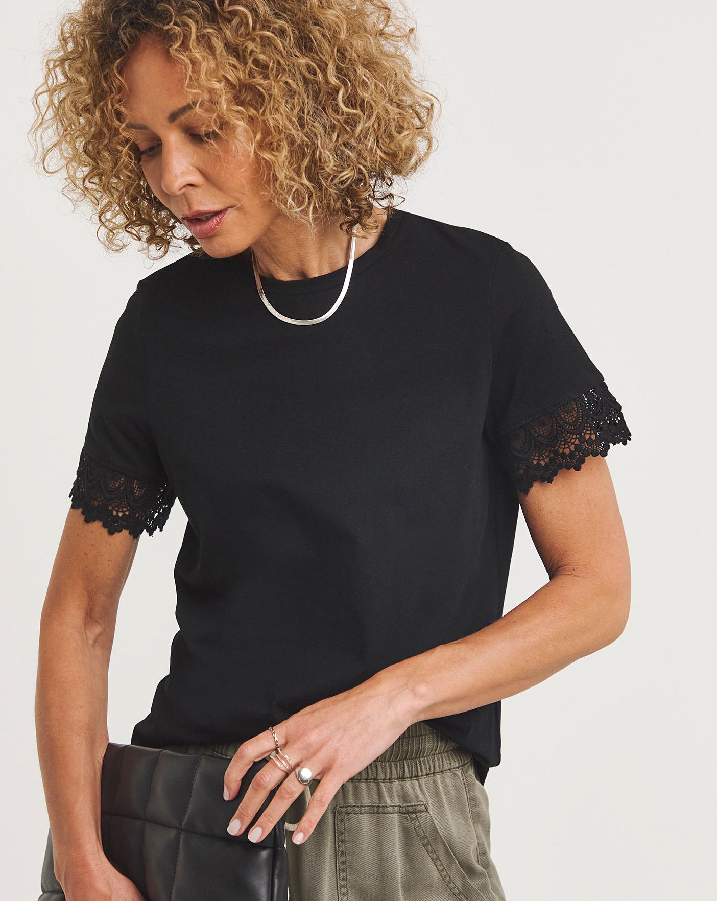 Black Lace Trim Short Sleeve T Shirt