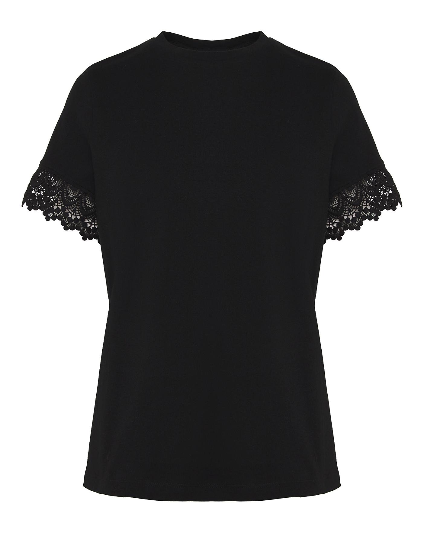 Black Lace Trim Short Sleeve T-Shirt | J D Williams