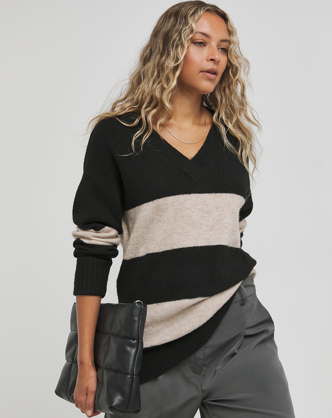 Black Stripe V Neck Longline Jumper Fashion World