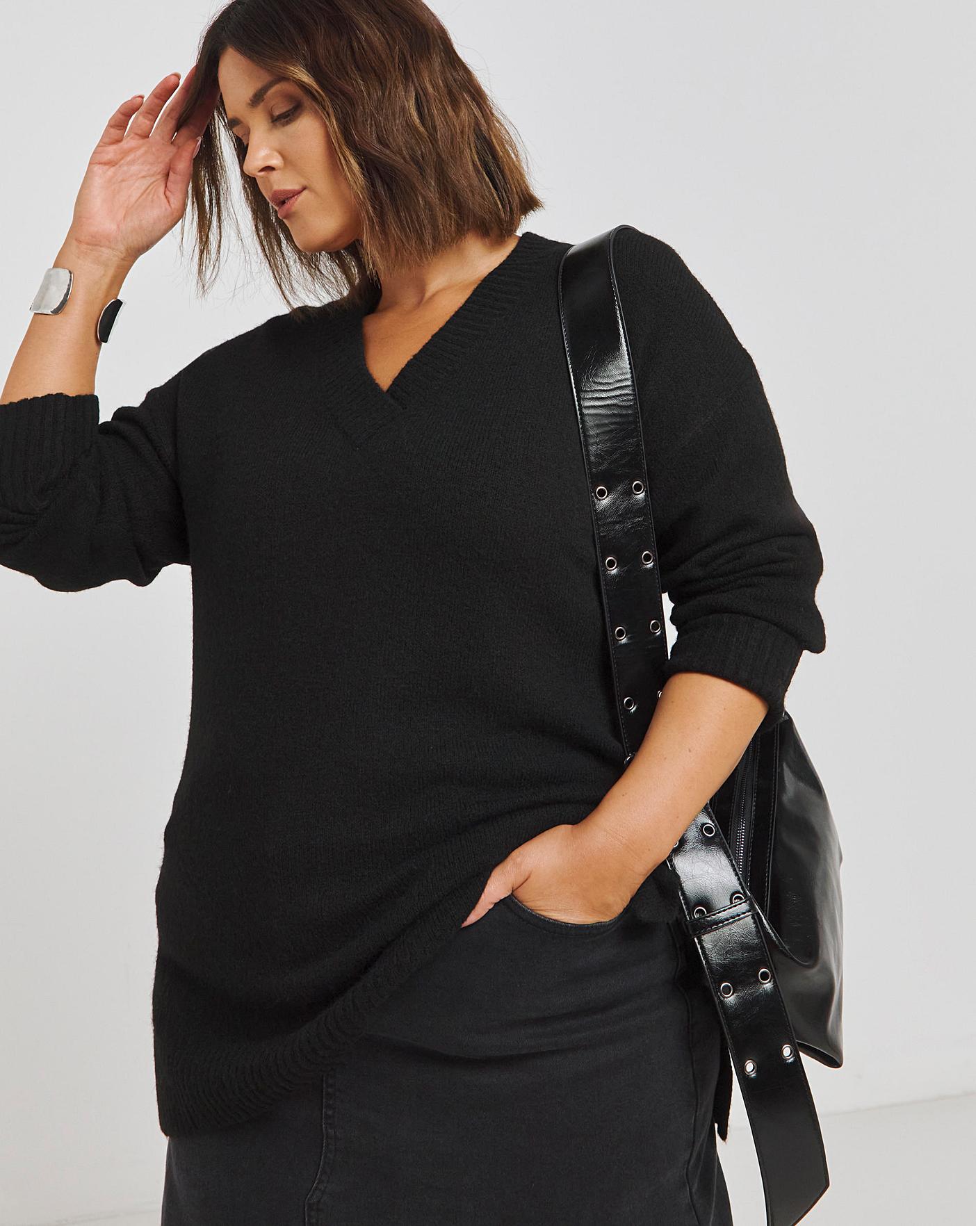 Black Slouchy V Neck Longline Jumper Oxendales