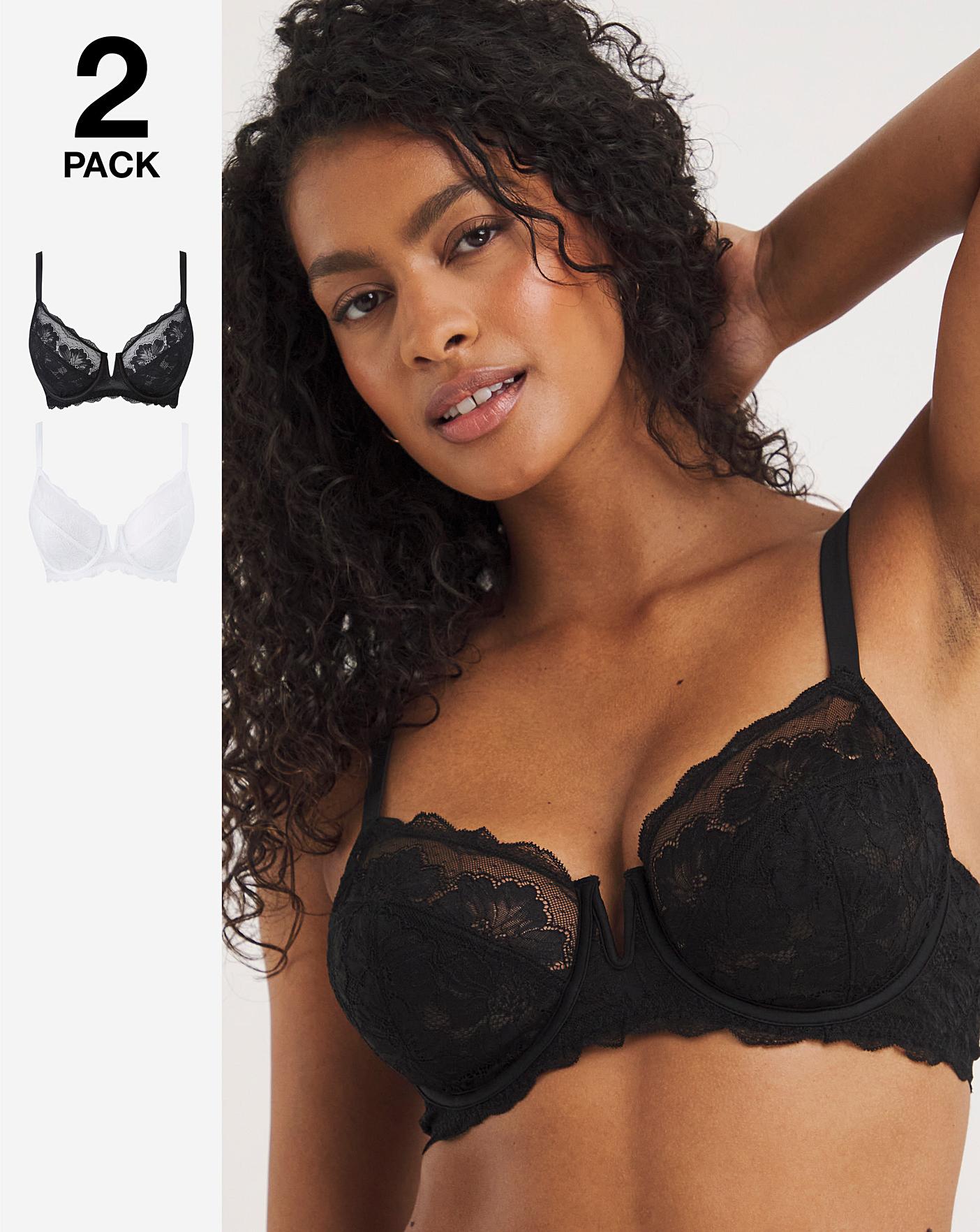Black Full Cup Non-Wired Lace Bras 2 Pack, Lingerie